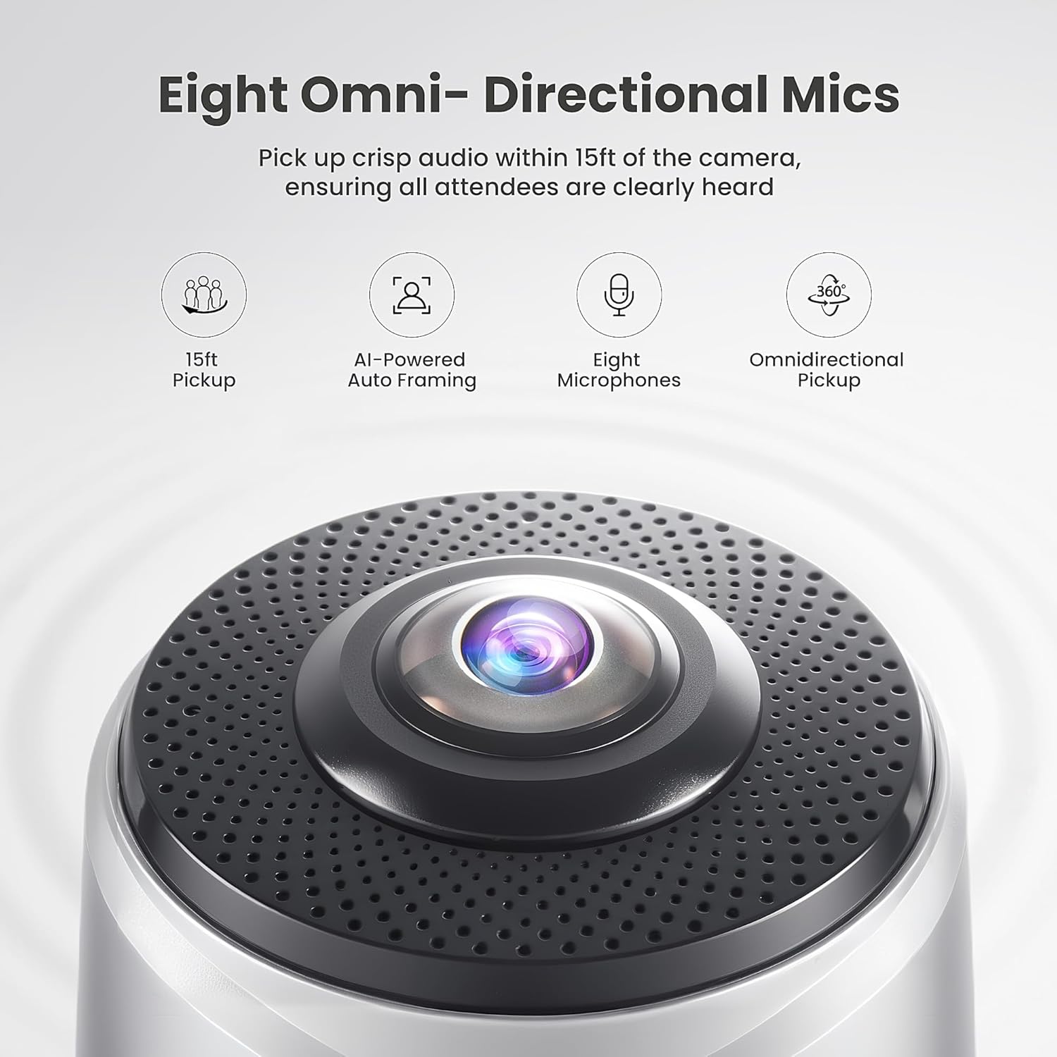 Close-up of the COOLPO AI Huddle Pana's top section highlighting eight omnidirectional microphones