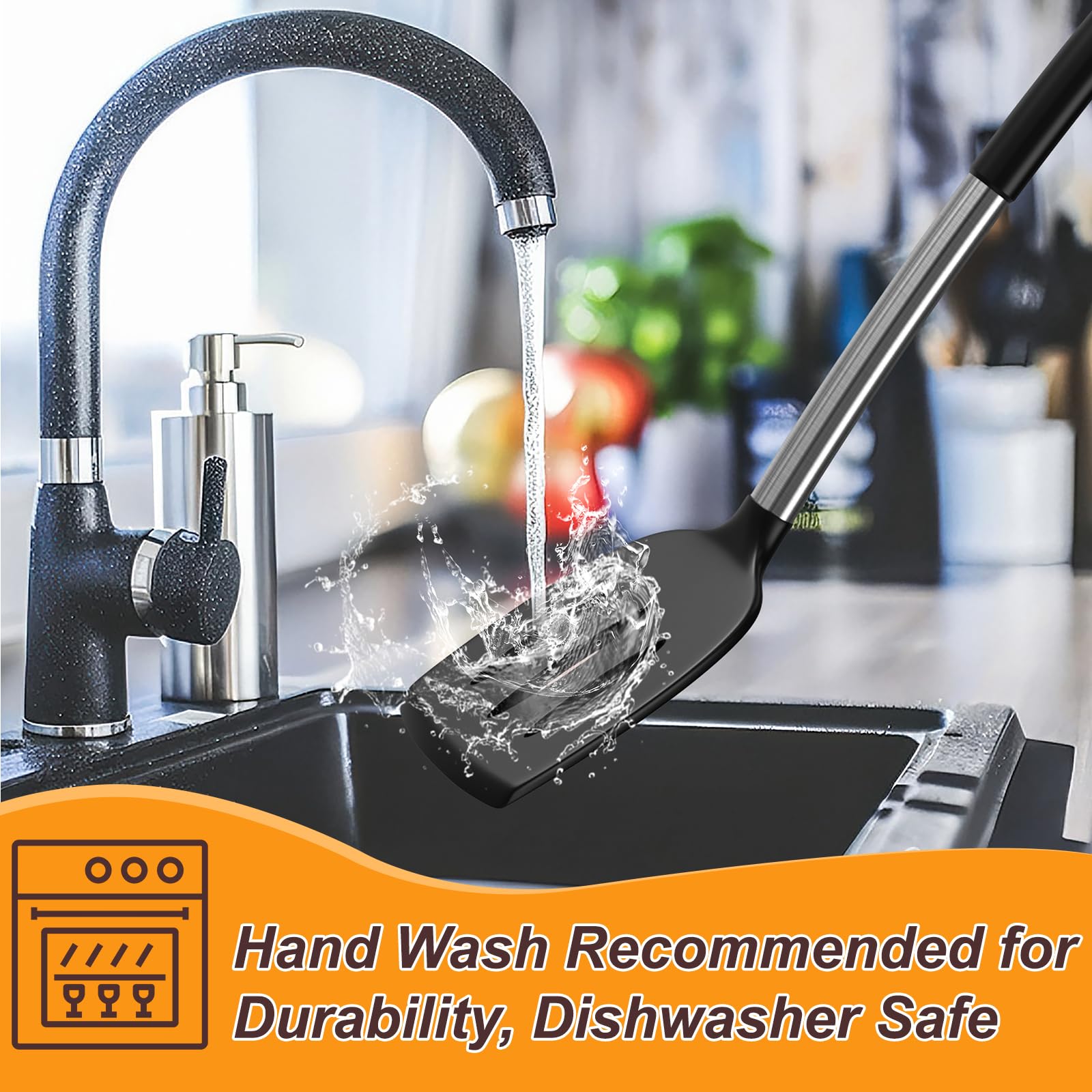 Yoehka Silicone Cooking Utensils Set for Nonstick Cookware, 4Pcs Heat Resistant Kitchen Silicone Spatula and Spoon Set with Stainless Steel Handle, Mixing, Flipping, Turning, Stirring, Black