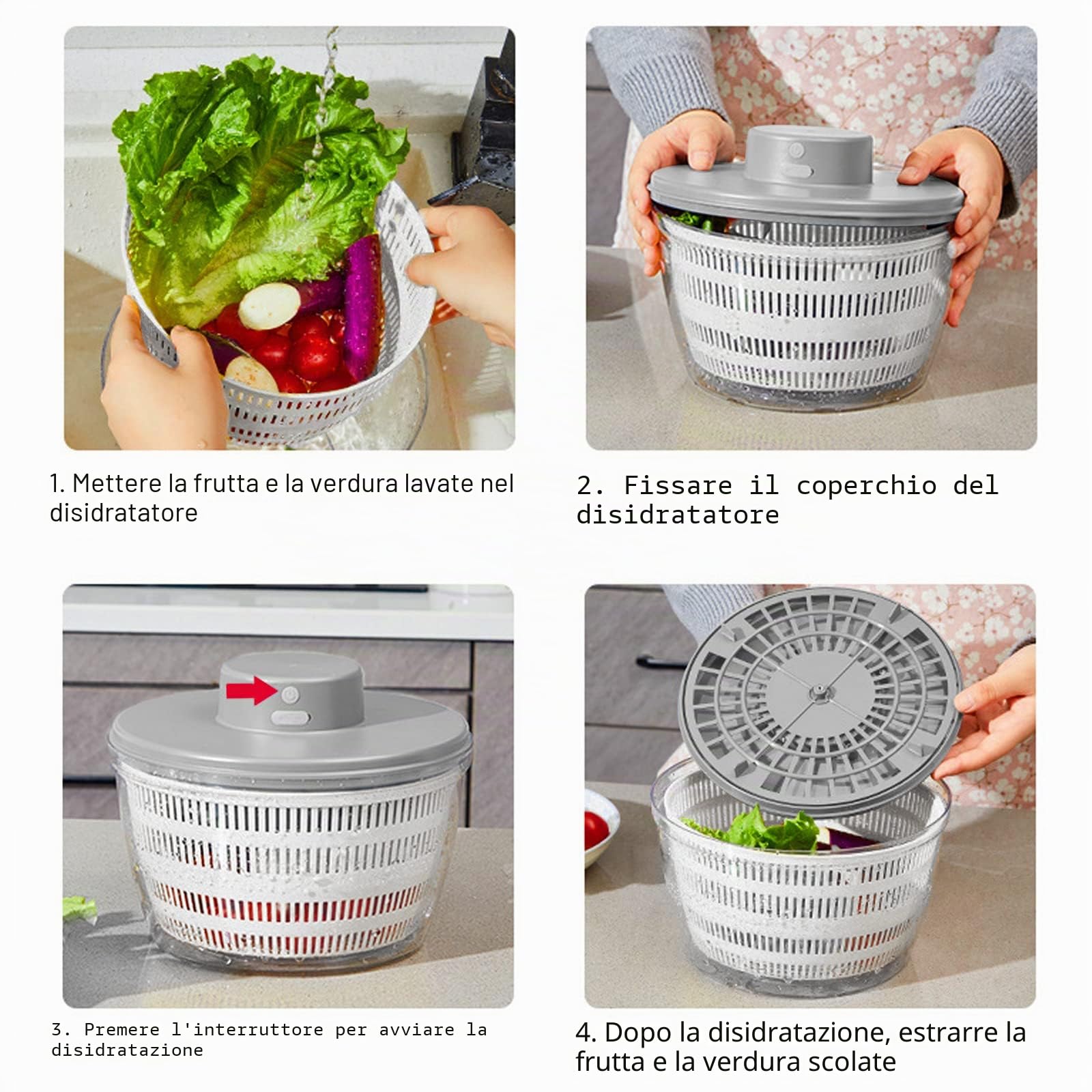 Centrifuga per Insalata Elettrica Automatica, Grande Capacità 4L, Cestello in Acciaio Inox, Corpo in Plastica ABS Alimentare, Facile da Usare, Asciuga Verdure e Frutta (Grigio)