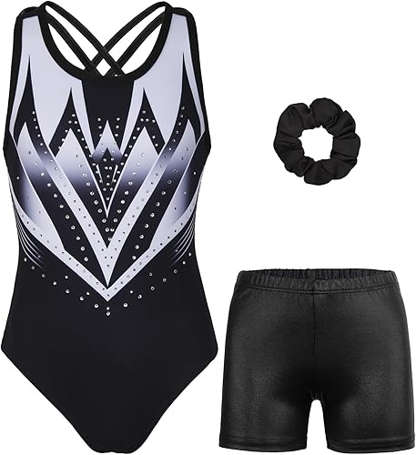MODAFANS Leotardos de gimnasia para niñas brillantes para bailar ballet, pantalones cortos con espalda cruzada