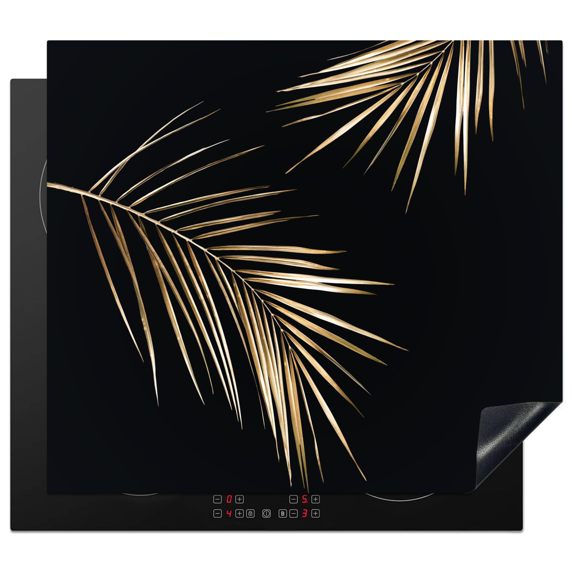 KitchenYeah© Induction Hob Protector Mat 20.5"x23.6" / 60x52 cm Stove Cap Top Cover Kitchen Cooker Covers for Electric Hobs Vinyl Leaves - Plants - Gold - Black - Luxury