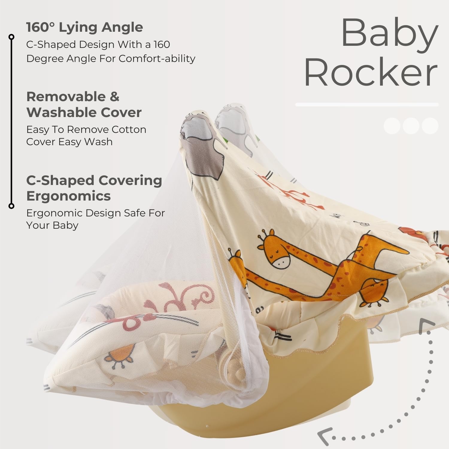 Mama Luv Mee 5 in 1 DLX Baby Carry Cot & Rocking Chair with Adjustable Handle | Large Canopy | Safety Lap Belt | Anti-Mosquito | Double Cushioned Washable Seat (Beige) (5 in 1) - Image 3 thumbnail