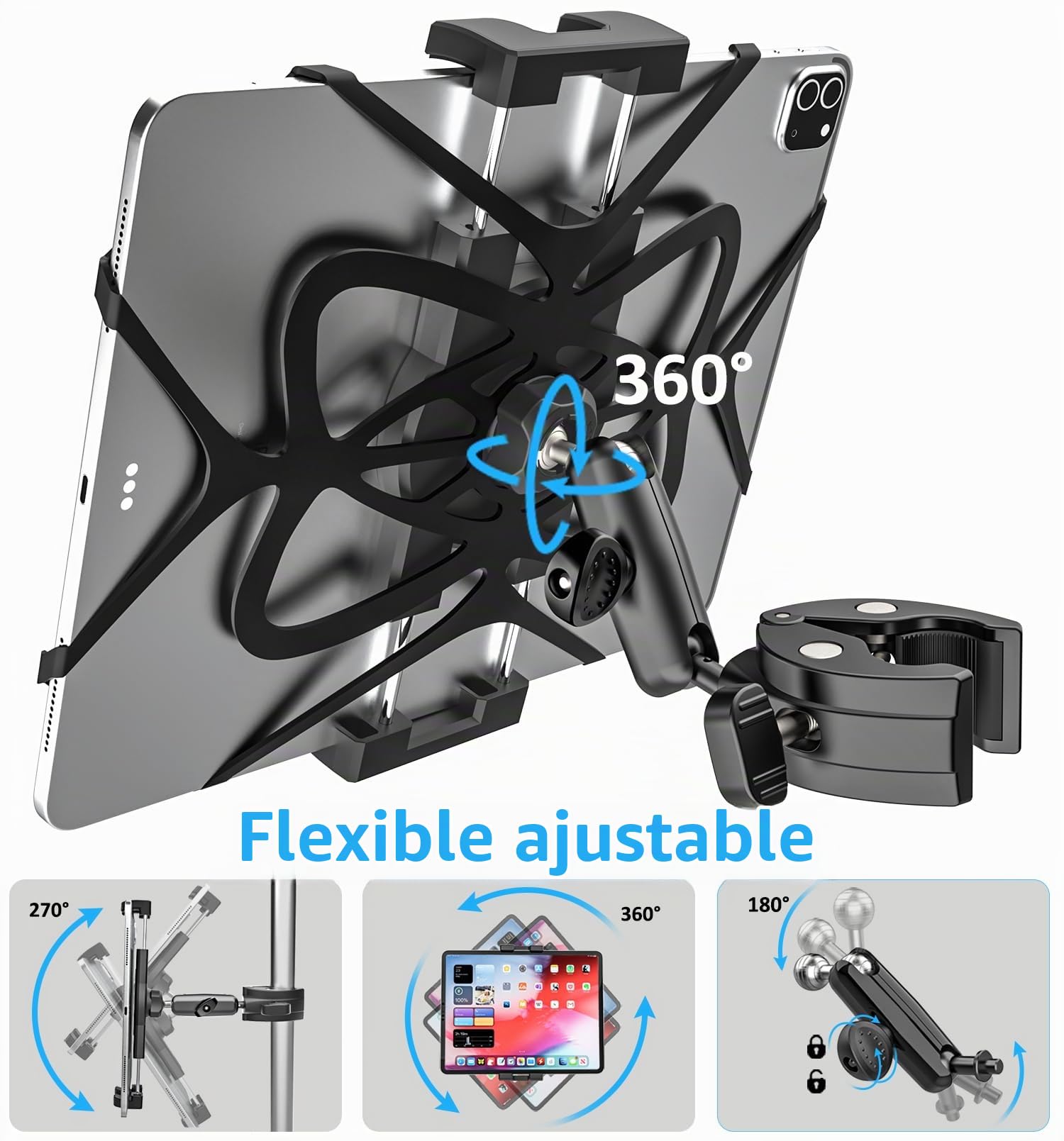 Soporte Tablet Barco Metal Resistente, Soporte iPad Timon Barco Yacht | con Brazo de Aluminio, Polo Barra Tubo Manillar Abrazadera Bicicleta para Tablets y Móvils, de 4-13" (Con Correa Anticaídas)