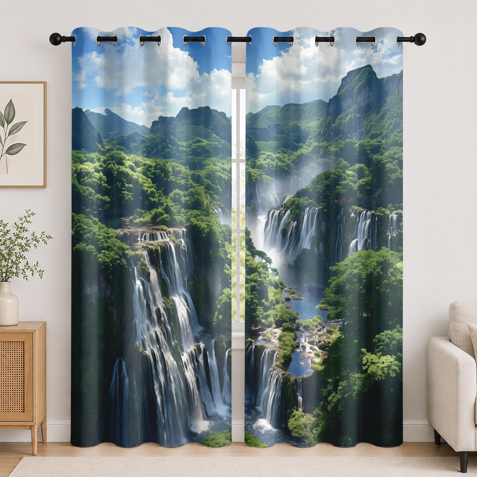 Genérico Cortinas Opacas 140An x 260Al cm (2 Paneles), Paisaje de Cascada Natural Visillo Reductoras Acusticas Antiruido Ojales Dormitorios， Verde Cortina Termicas PoliéSter para Sala de Estar