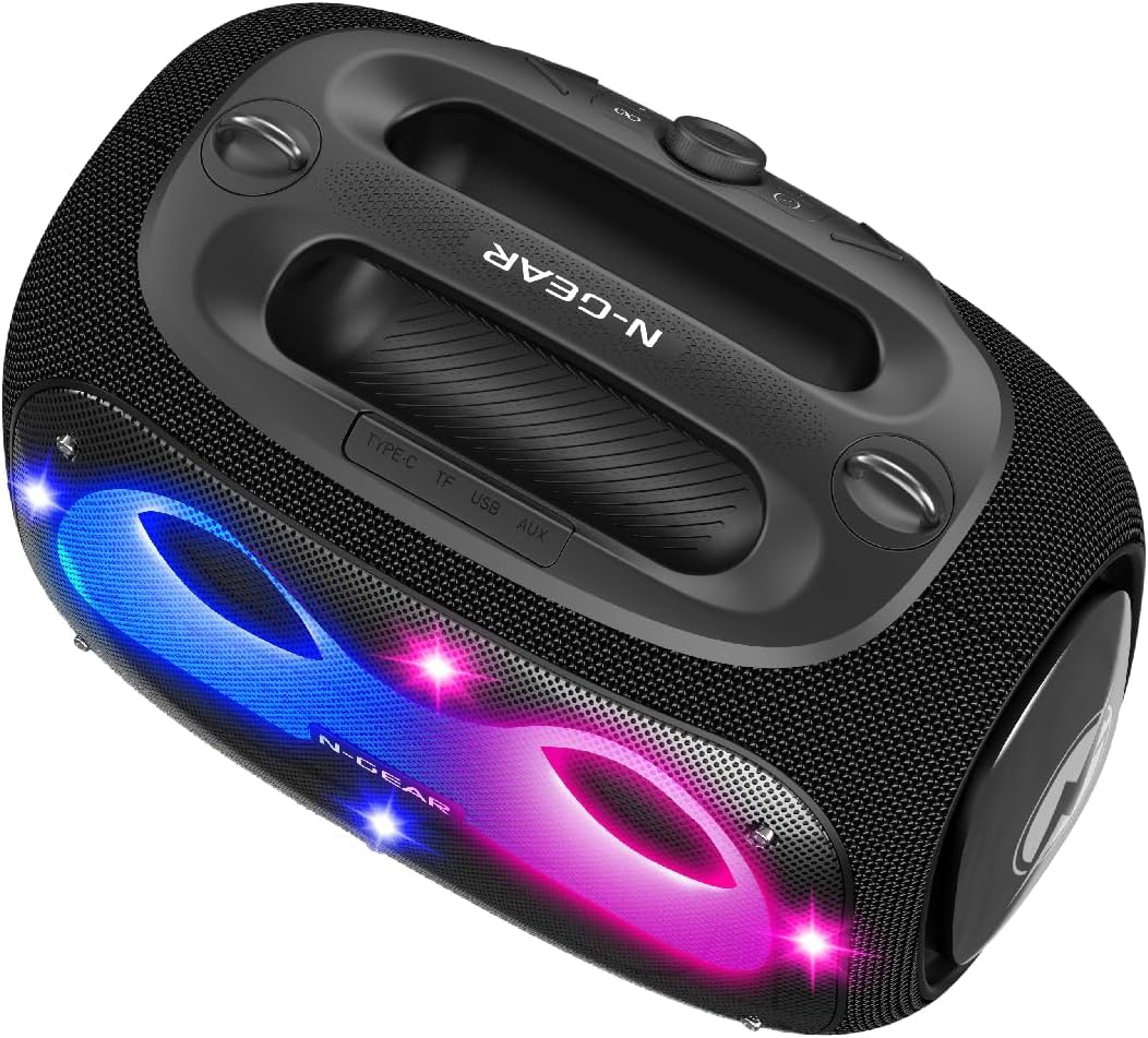 N-Gear NRG 600 Bluetooth Lautsprecher Musikbox - Partybox Bluetooth und Karaoke Maschine mit 2 Mikrofonen im einem - 600 Watt, Super Tiefer Bass, IPX5 wasserdicht, 10 Std. Spielzeit, LED-Beleuchtung