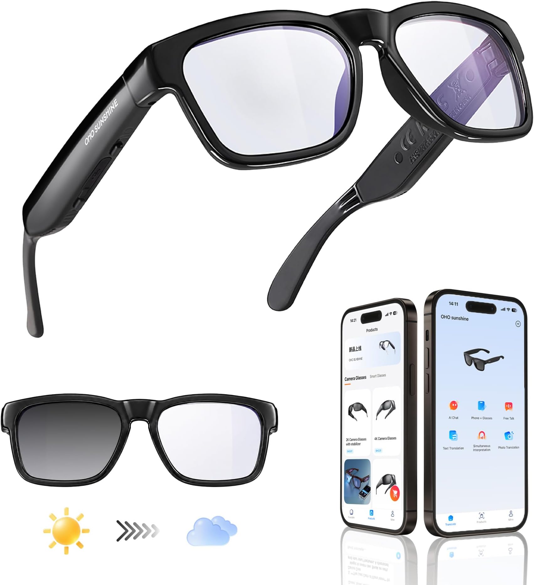 AI Translation Smart Glasses with Bluetooth Speaker for Real Time Interpretation