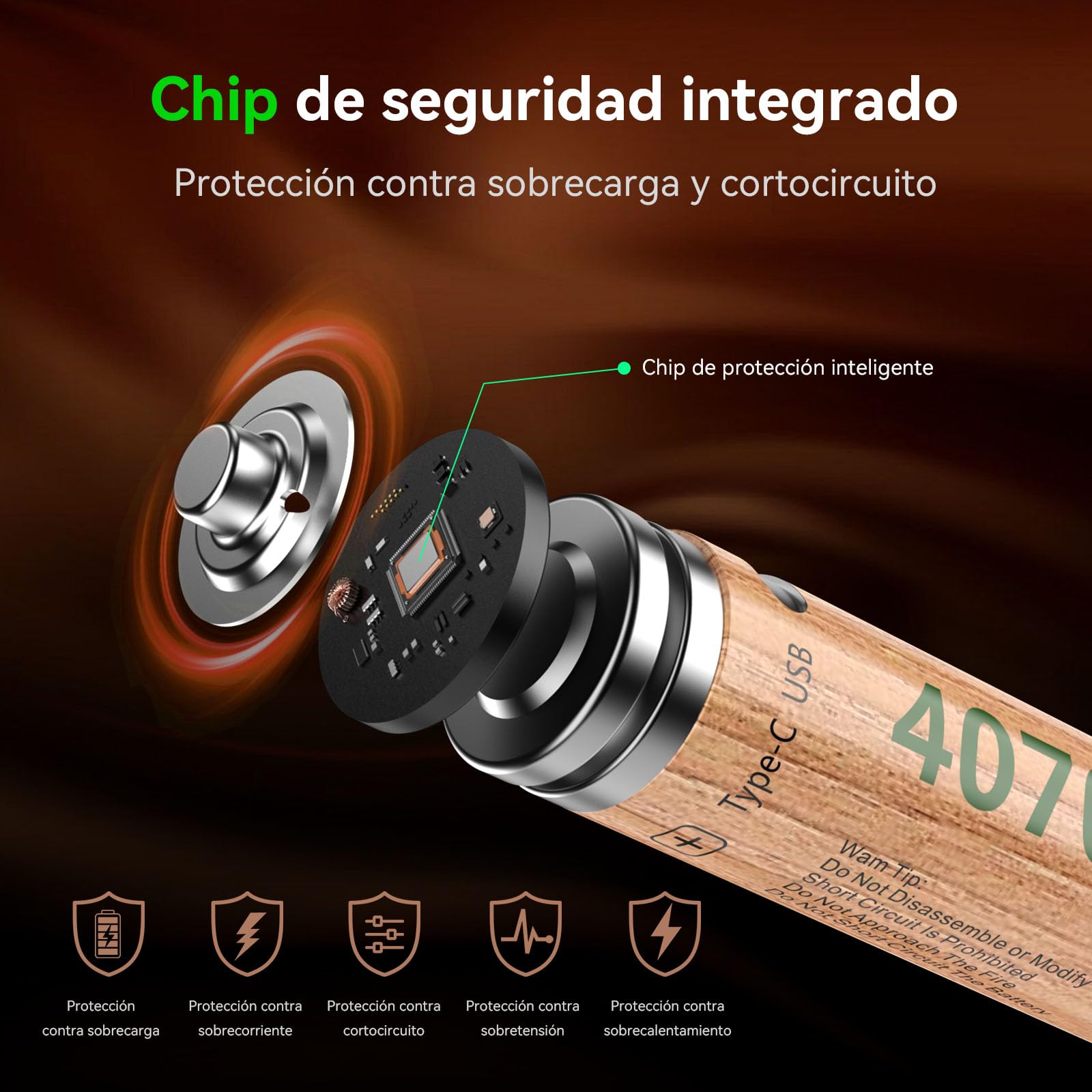 Juego de 8 Pilas AA de Litio 4070 mWh, 1,5 V, con Cable de Carga USB C 5V/2A de 1 a 4, Gran Potencia para mandos de Juegos, cerraduras de Puertas Inteligentes, cámaras de vigilancia