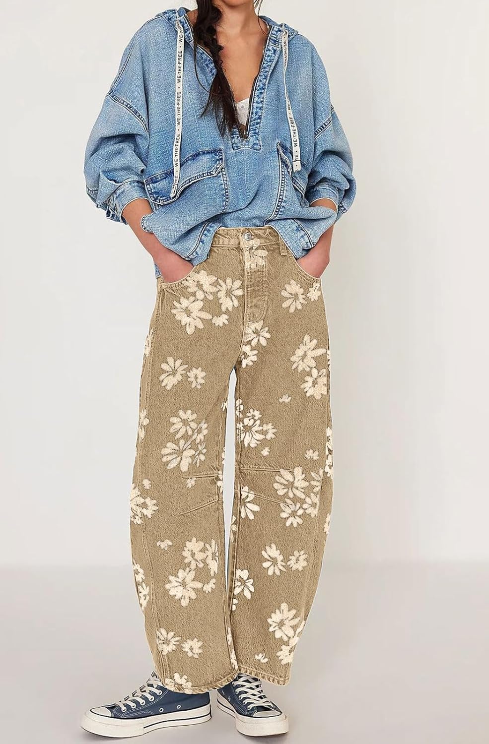 chouyatou Women's Y2k Baggy Wide Leg Denim Pants Boho Floral Printed Boyfriend Barrel Jeans with Pockets - Image 3