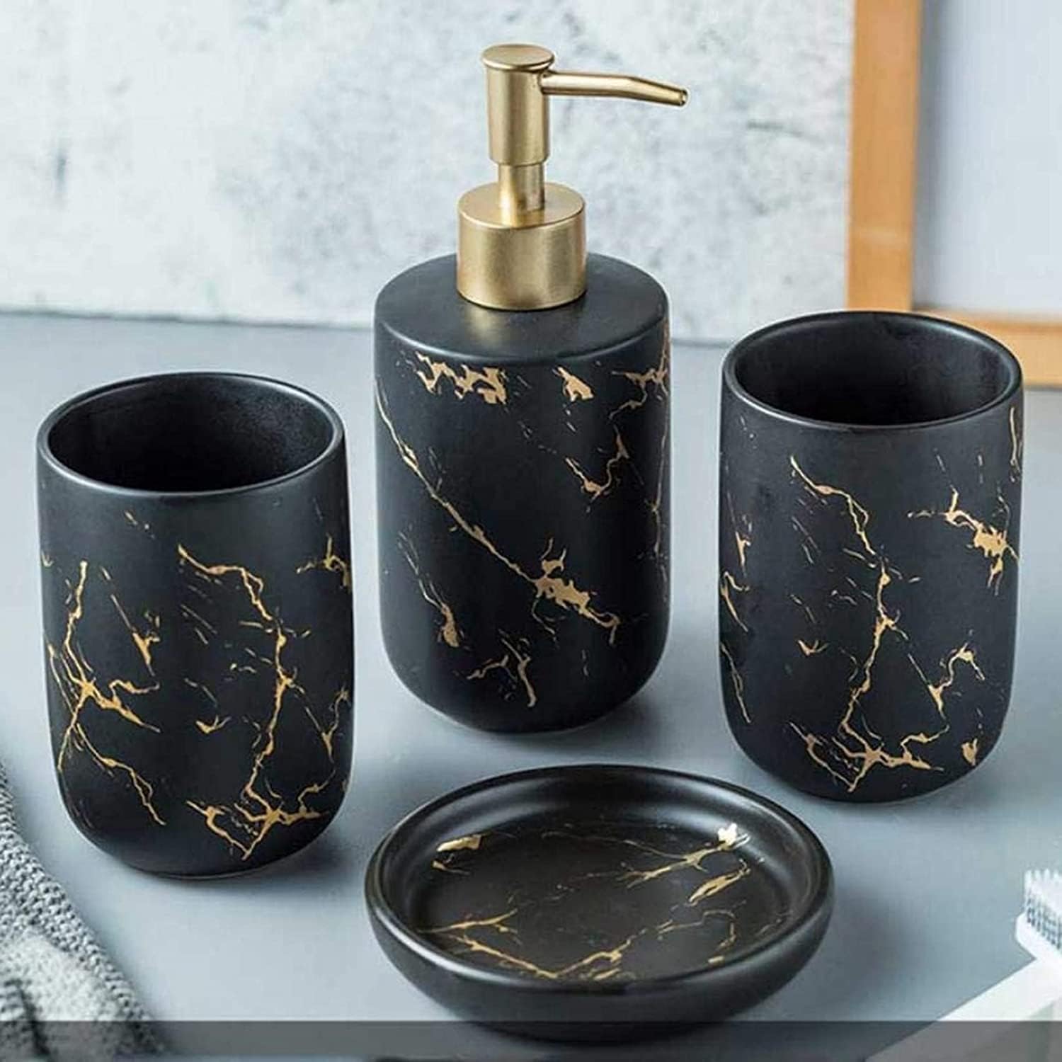 4-teiliges Keramik Bad-Zubehörset Marmor Optik Badaccessoires 300ml Seifenspender,Seifenschale, Zahnbürstenhalter/Zahnputzbecher Badezimmer Set (Schwarz)