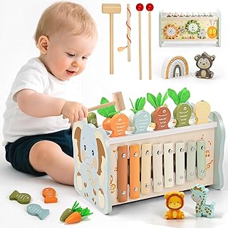 Montessori Toy from 1 Year, 6-in-1 Wooden Toy from 1 Year, Motor Skills Toy with Hammer Game, Fishing Game, Xylophone Rotating Gear, Children's Toy Gift 1 2 3 Years Girls Boys