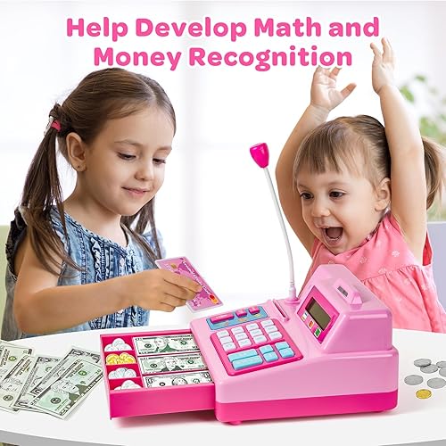 Miniatura 4 de Calculadora de caja registradora de juguete de regalo para niños de 3, 4, 5, 6, 7, 8+ años, 103 piezas de comestibles con micrófono, tarjeta de