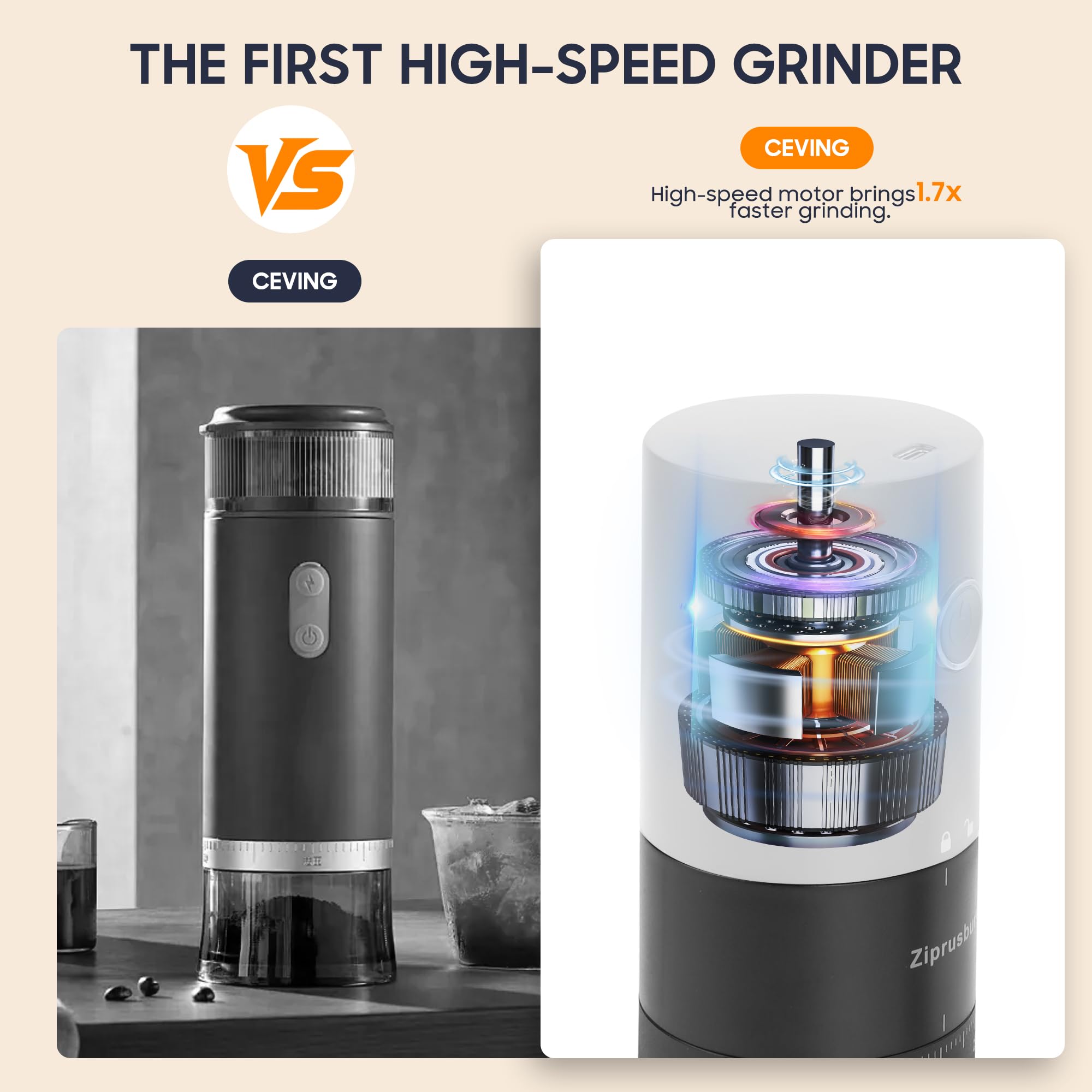 First Grind-Molinillo de café recargable mientras se carga, molienda 1.7 veces más rápida con molinillo de café eléctrico portátil con 38 ajustes de molienda ajustables (fresa de cerámica, negro)