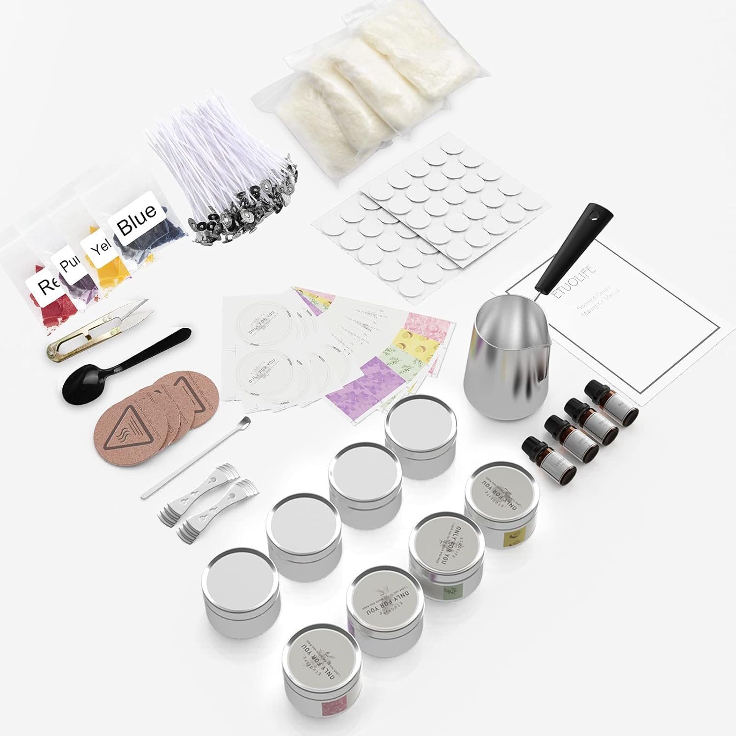Candle Making Kit, Complete Candle Making Kit for Adults Beginners, DIY Scented Candle Gift Set with 480g Soy Wax, 8 Candle Tins, 4 Fragrance Oil, 4 Dye Blocks, 50 Candle Wicks & 50 Wick Stickers