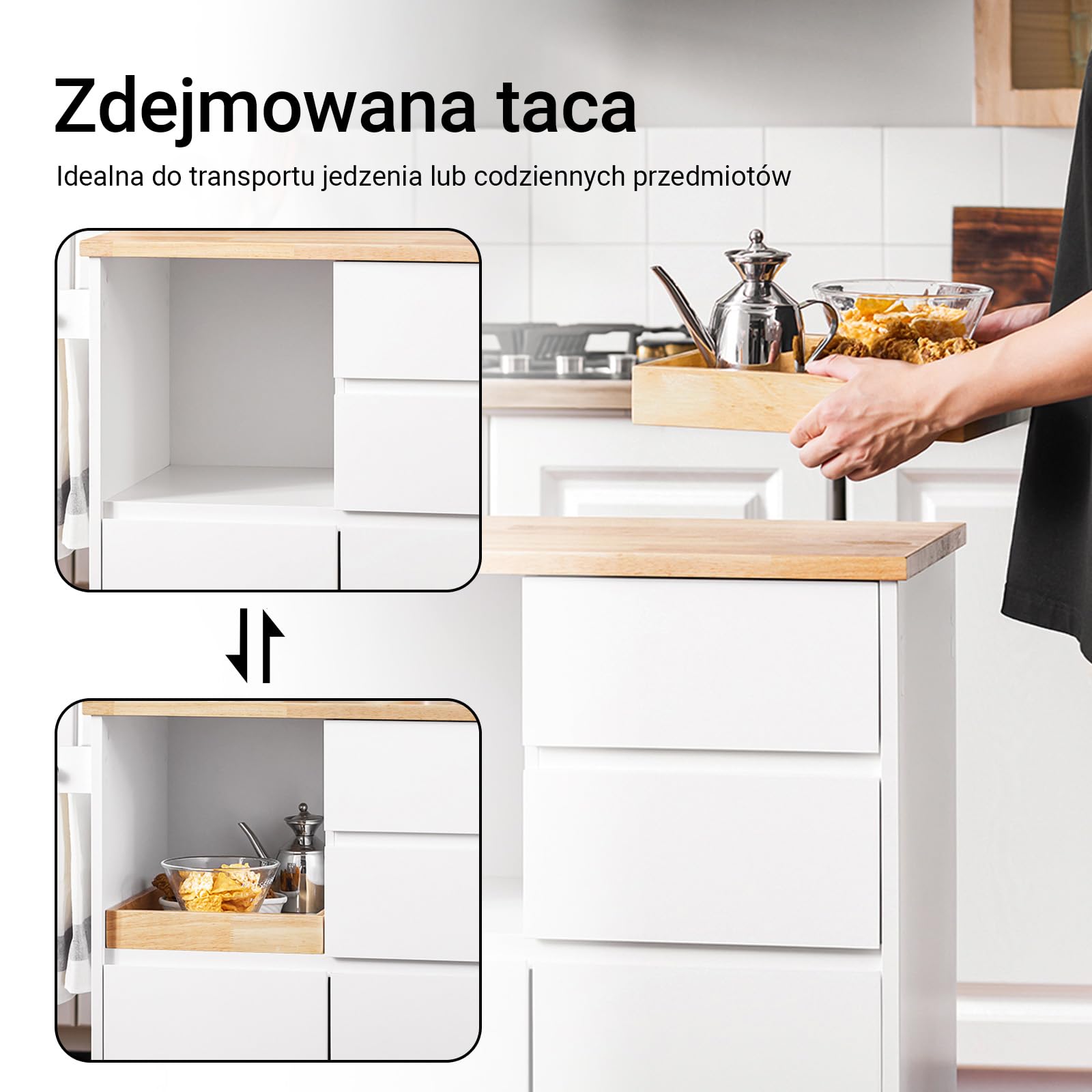 SoBuy FKW123-WN wózek kuchenny z blatem roboczym, wózek do serwowania na kółkach, do kuchni, salonu, jadalni, biały, szer. x wys. x gł.: ok. 72 x 84 x 40 cm