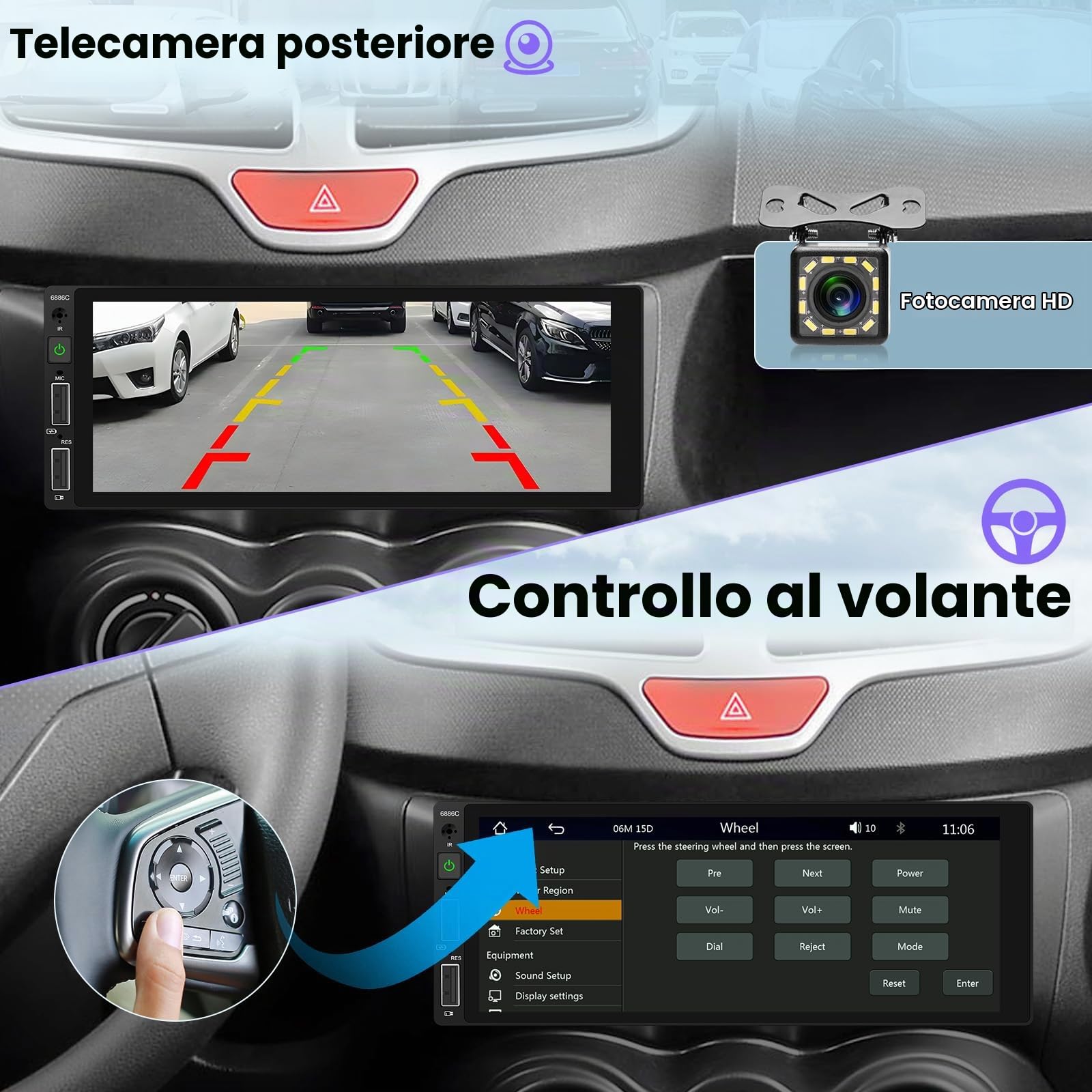 Hikity Autoradio 1 Din Wired Carplay Android Auto 6,86 Pollici Touchscreen Radio Bluetooth Auto Stereo con Mirror Link FM Radio USB/EQ/Controllo del Volante/Telecamera Posteriore