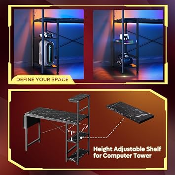 Bestier Gaming Desk with LED Lights, 51.3 Inch Computer Desk with 4 Tier Reversible Shelves, Gamer Desk, Side Storage Bag, Hook and Height Adjustable Shelves Black Marble