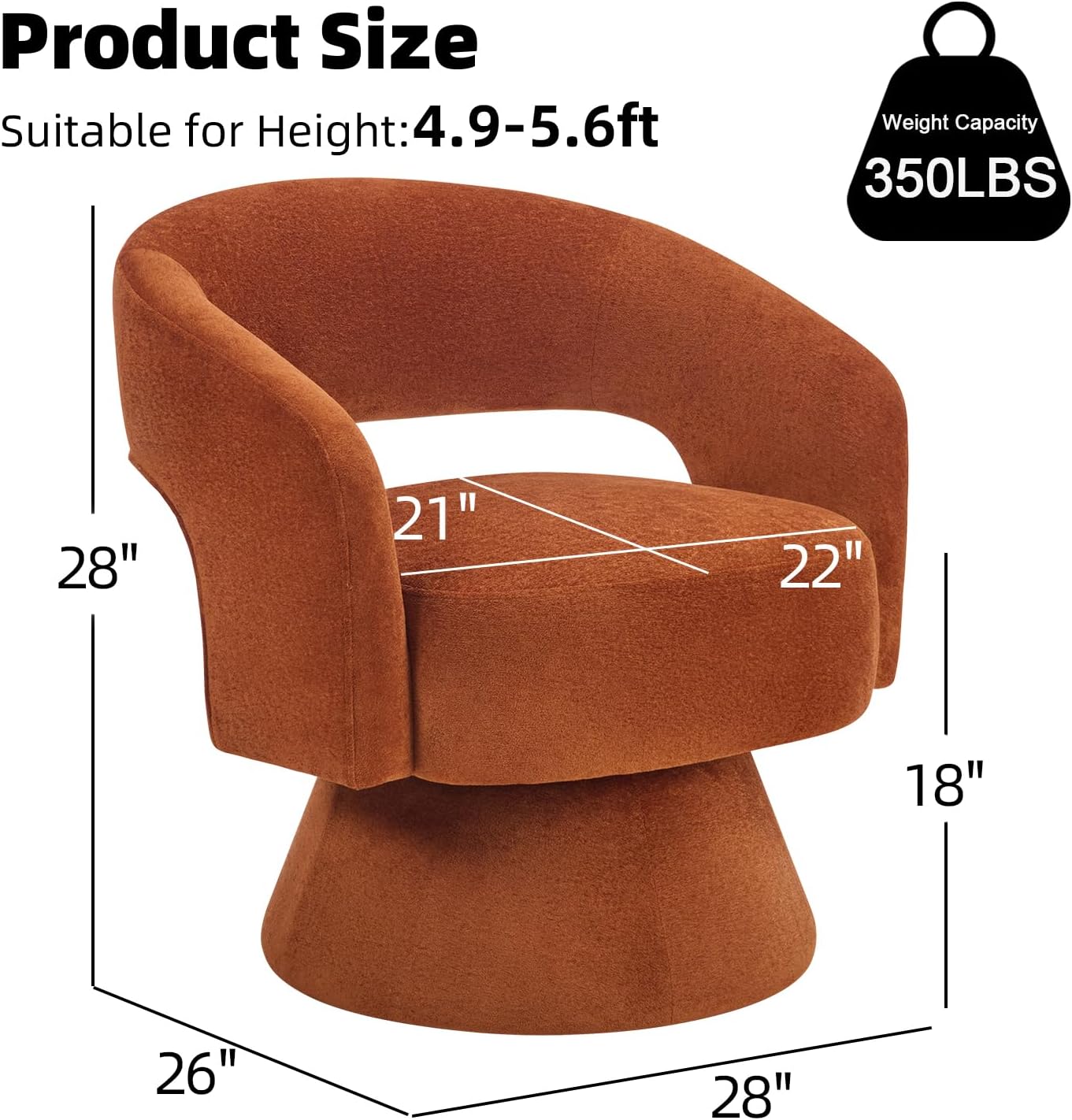INZOY Swivel Barrel Chair with Velvet Fabric, Swivel Accent Chair with Thickened Soft Cushion, Comfy Round Swivel Chair for Living Room Bedroom, Orange