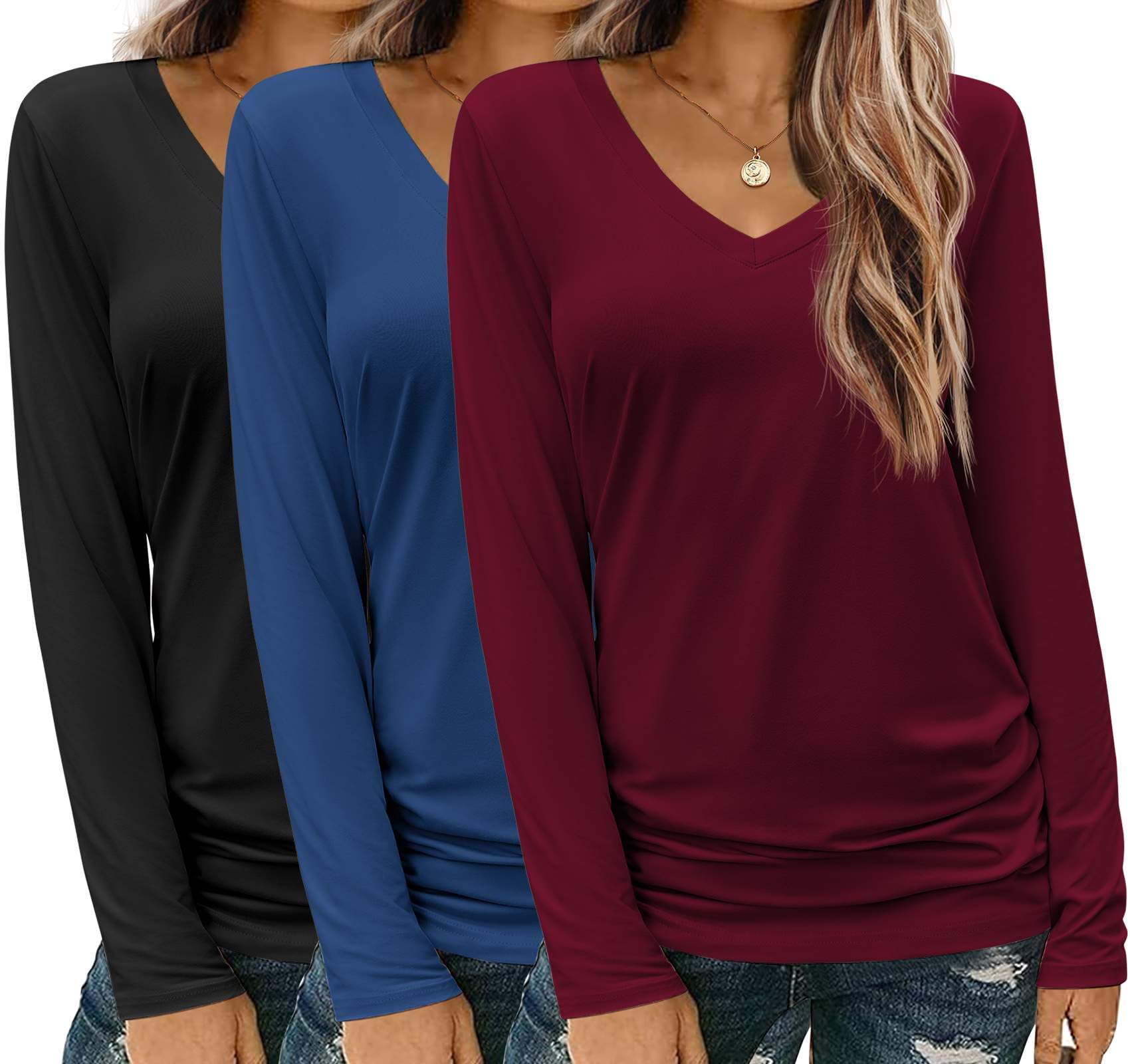 Zeagoo Lot de 3 t-shirts à col en V et manches longues pour femme, hauts décontractés, doux, solides, basiques, tenues d'automne S-XXL