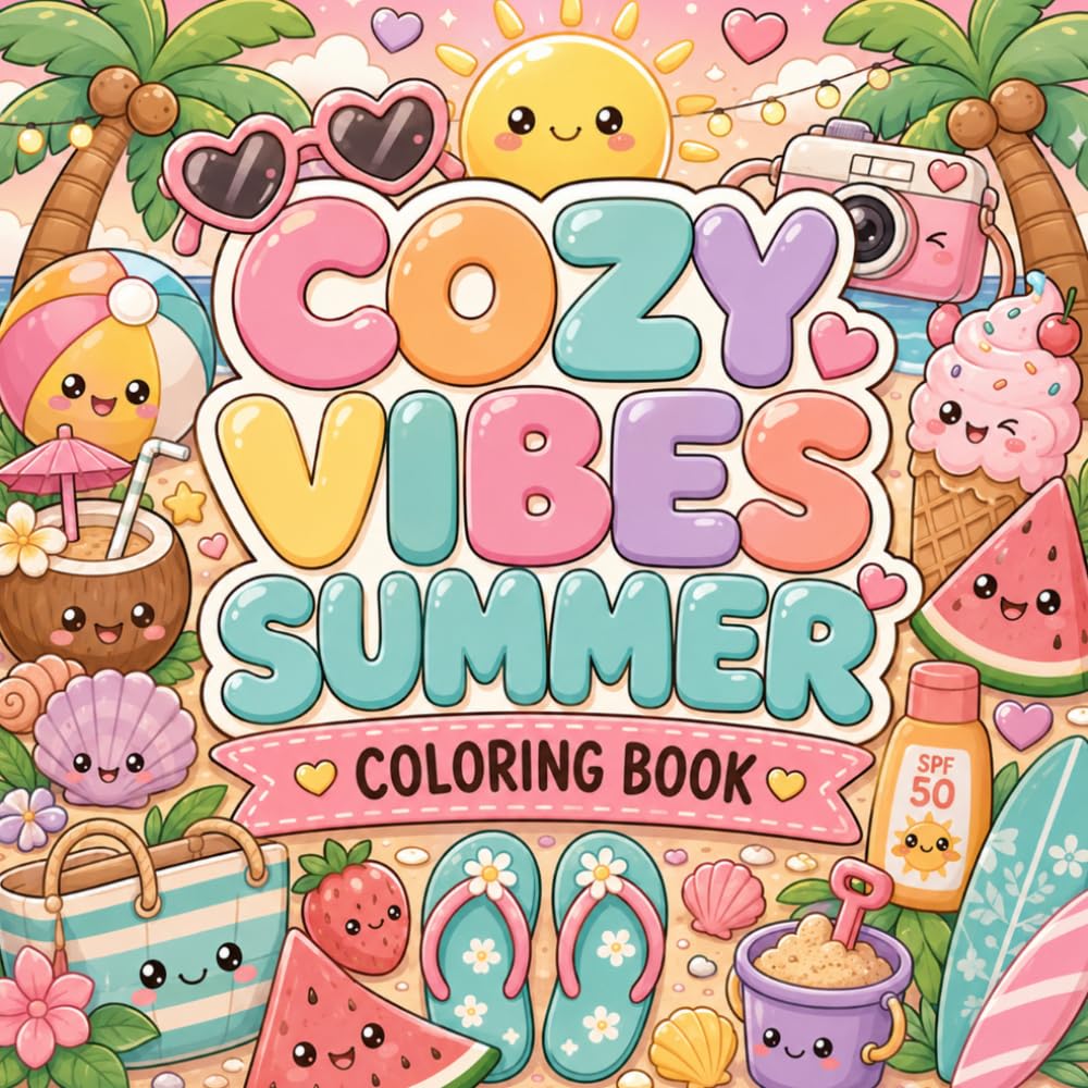 cozy vibes summer coloring book: Bold and Easy Coloring Book for Adults, Teens, and Kids with Cute Summer Vacation Scenes for Relaxation