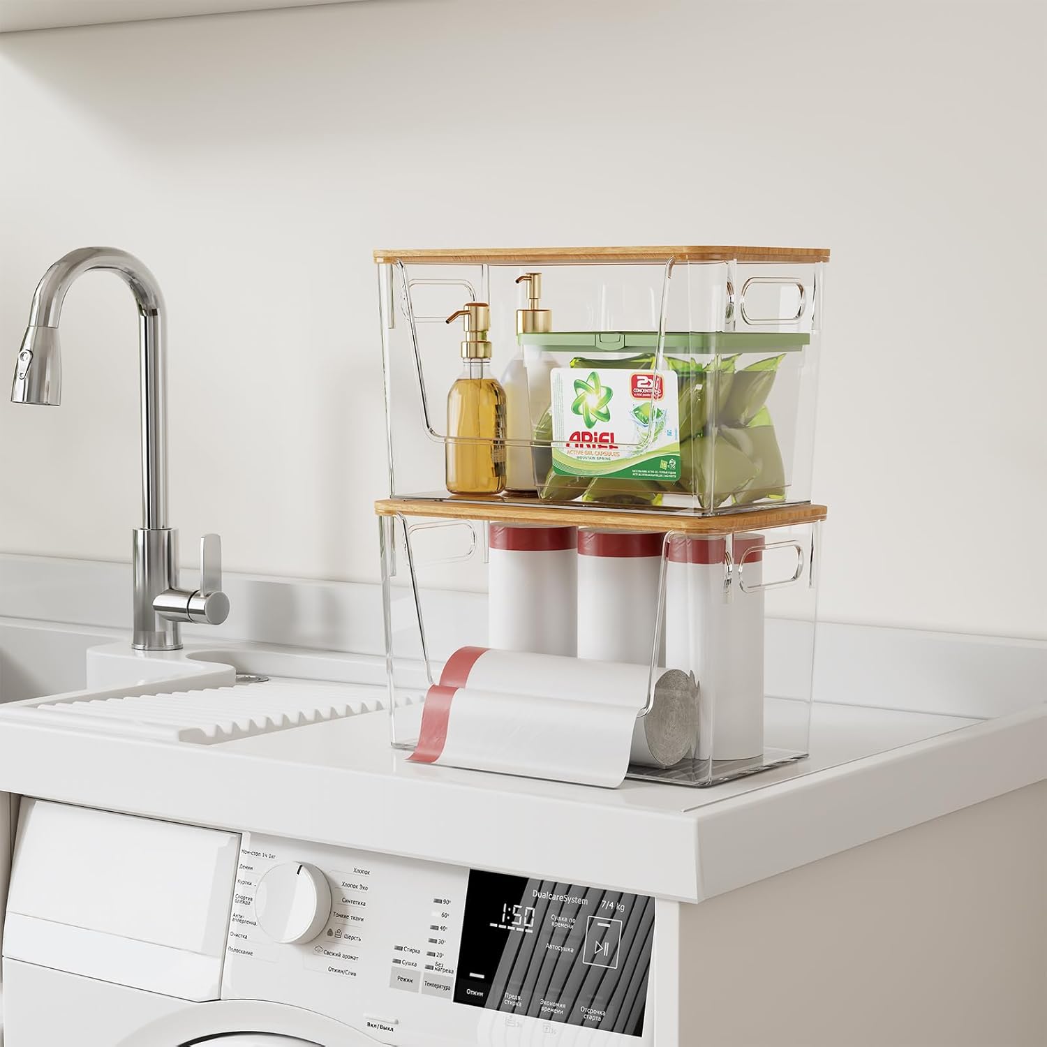 2 Pack Trash Bag Holder with Bamboo Lid, Trash Bag Dispenser Under Sink, Laundry room organization and storage