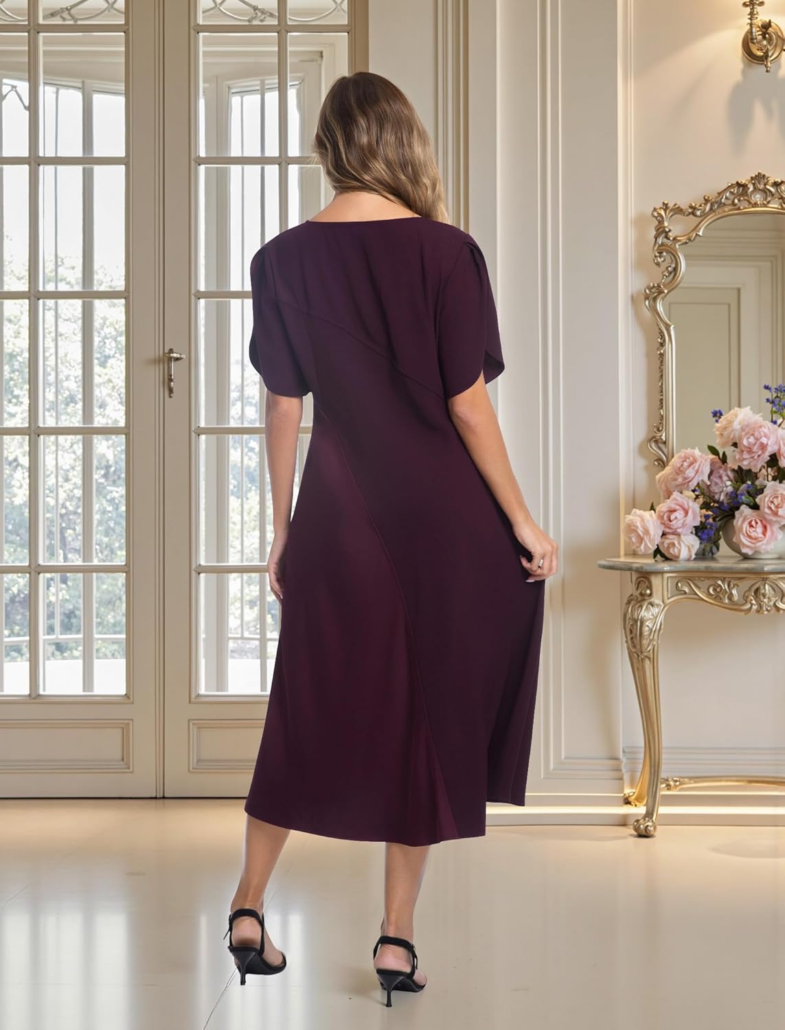 Women's Satin Panel Dress Semi Formal Midi Dresses Elegant Short Puff Sleeve Ruched Waist A-Line Evening Dress - Image 4