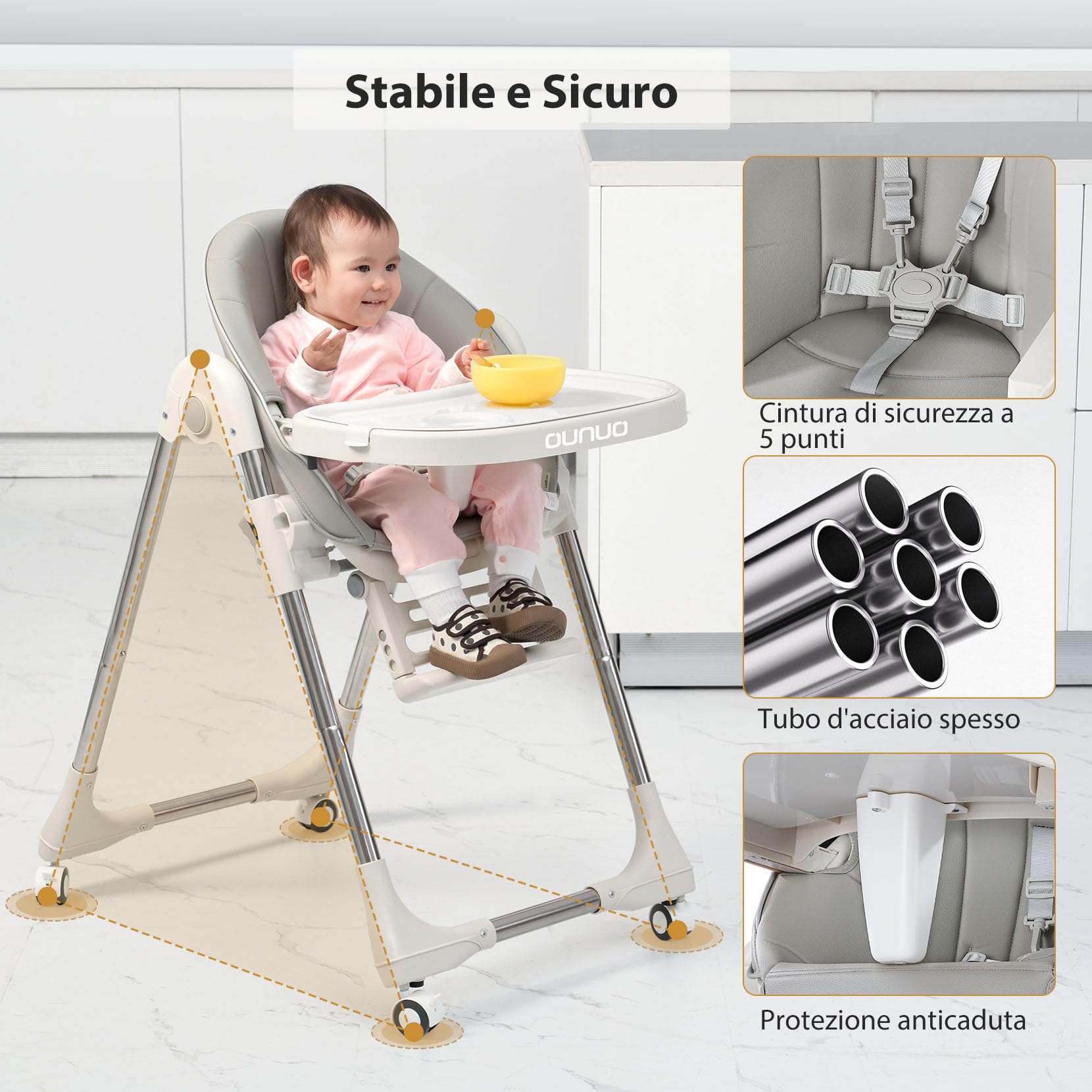 OUNUO Seggiolone Pappa, Seggiolino da Tavolo Pieghevole, Seggioline per bambini da 6 Mesi fino a 6 anni, Piatto da Cena Smontabile, Pedale e Schienale Regolabili in Altezza (Grigio)