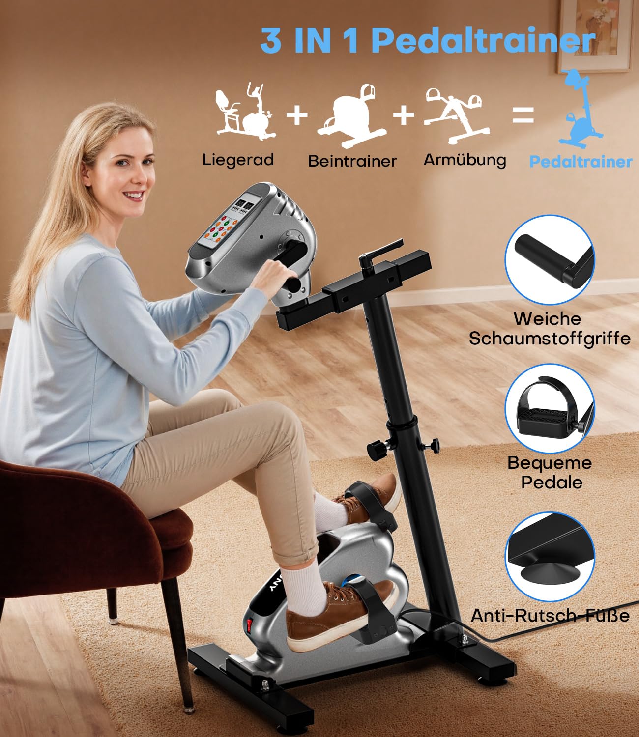 Pedaltrainer 2026 Elektrischer Heimtrainer mit Widerstand und Geschwindigkeit, 2-in-1 Arm- und Beintrainer für Senioren mit großem LCD-Display