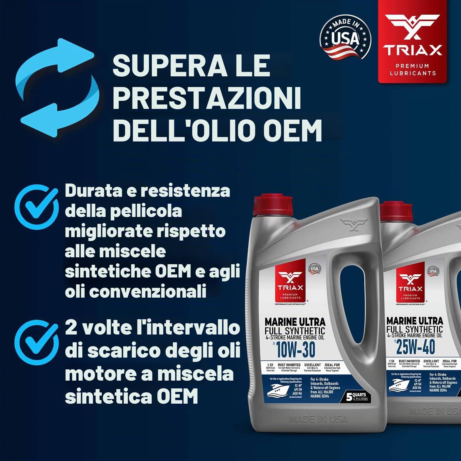 TRIAX Marine Ultra 10W-30 Olio Motore Marino Completamente Sintetico per Motori Fuoribordo e Entrobordo a 4 Tempi/Olio Nautico/Powersport conforme NMMA FC-W, JASO-MA 5 Quarti/1,25 Galloni/4.73 Litri