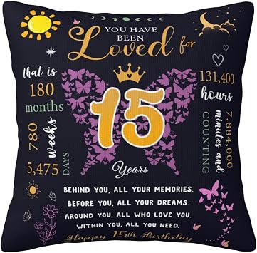 15th Birthday Gifts for Teen Girls, 15th Birthday Decorations for Girls, 15 Year Old Girl Gift Ideas, 15 Quinceanera Gifts Throw Pillow Covers 1818 Inches