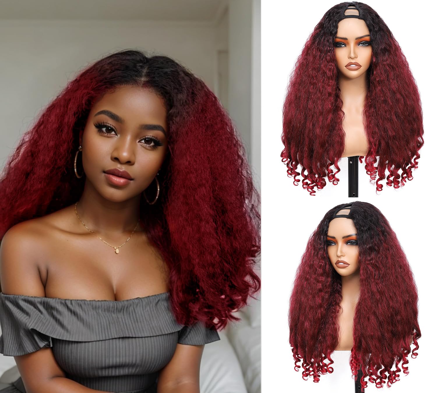 Yacurcur Afro Wig V Part Kinky Curly Wigs for Black Women 180% Density Wear and Go Glueless Wig with Unique Bouncy Curls in the End Synthetic No Leave out Clip in 24 Inch(#DR2-9T2)