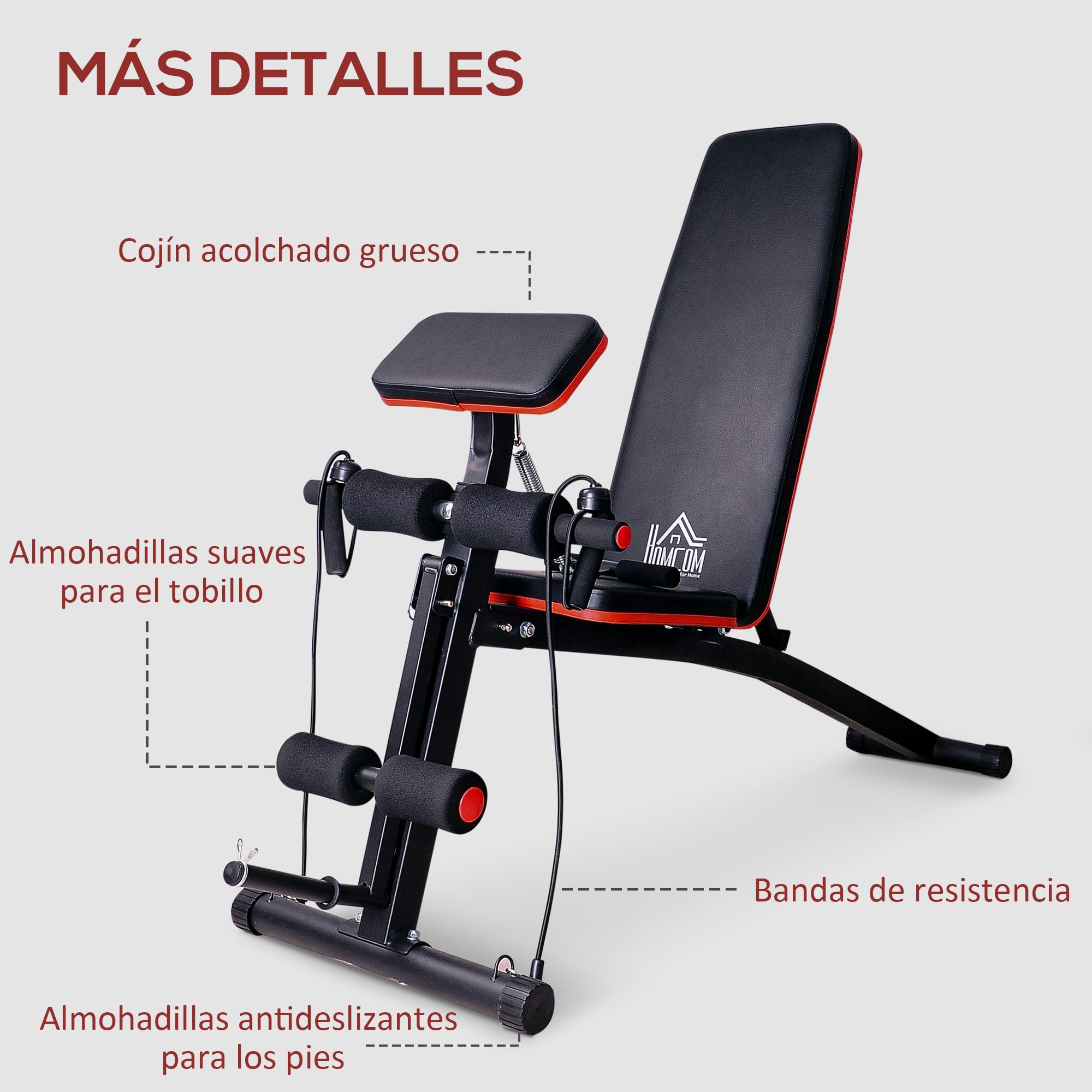 HOMCOM Banco de Musculación Plegable, Banco de Pesas, Respaldo Inclinable de 7 Niveles, Extensión de Pierna, Cojín de Predicador, Banda de Resistencia, para Entrenamiento Completo, Casa Gimnasio