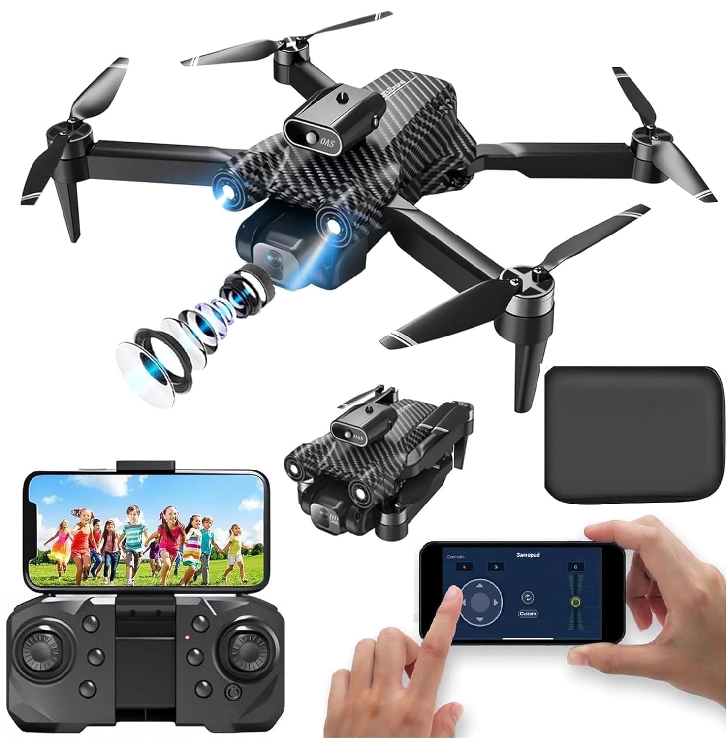 Tech-Uniuqe P12 Obstacle Avoidance Dual Camera Drone 4K 1080p HD Brushless Motor Remote Control Foldable Drone WiFi GPS One Touch Take OFF and Landing