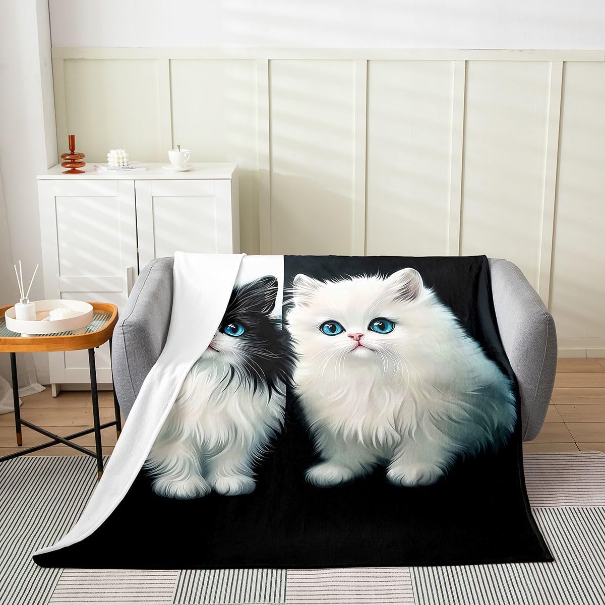 Cute Kitty Throw Blanket Watercolor Lovely Cats Decor Bed Blanket for Kids Boys Girls Kawaii Black White Cat Flannel Blanket for Bedroom Couch Queen