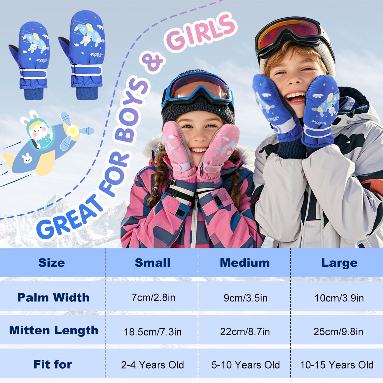 Rhino Valley Guantes de Esquí para Niños, Manoplas de Nieve Impermeables para Niños, Guantes de Invierno Cálidas con Cinta Ajustable, Guantes de Nieve para Niñas al Aire Libre y Snowboard
