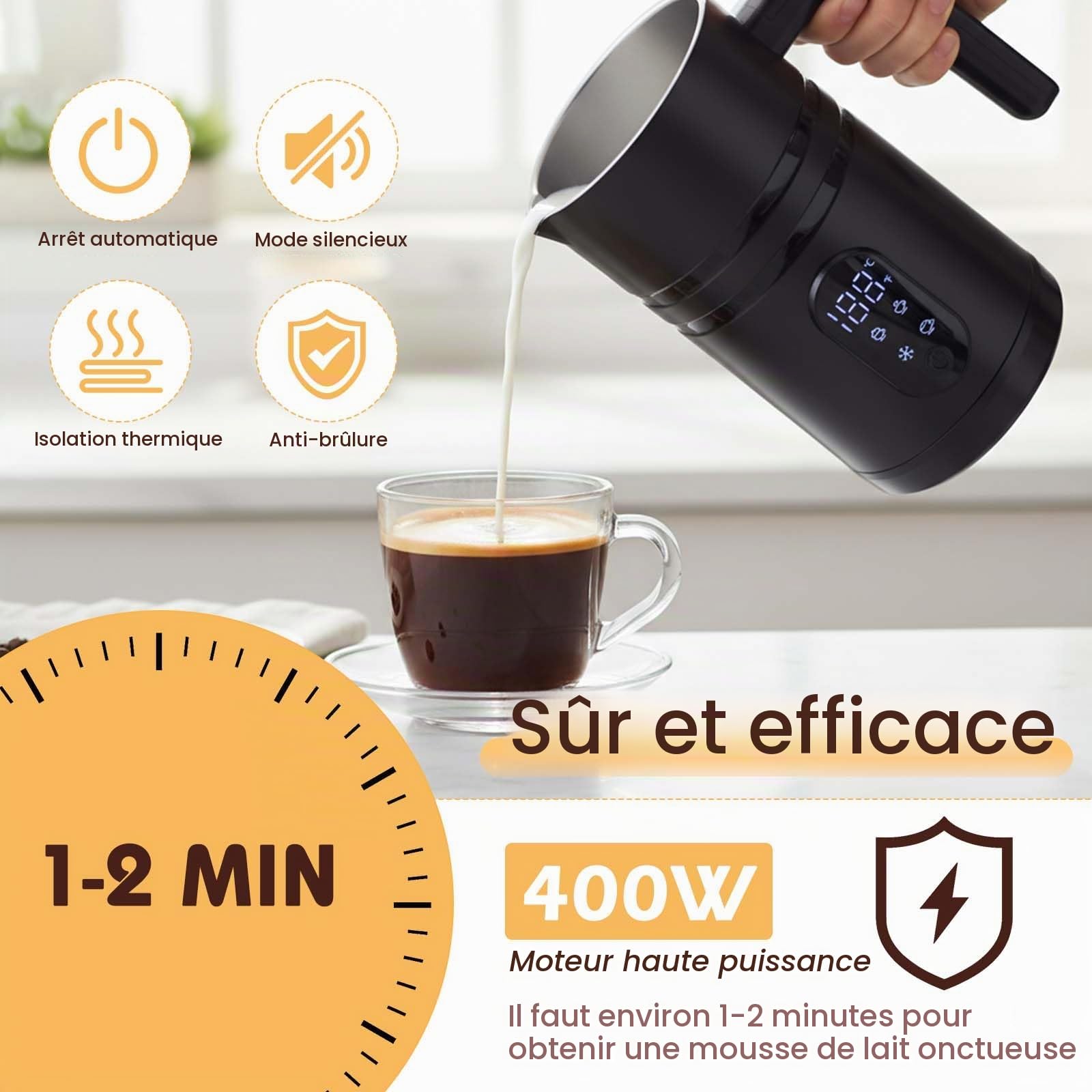 GKXLH Mousseur à lait électrique - Mousseur à lait électrique 4 en 1 avec affichage de la température, 350 mL Mousseurs à lait automatiques grande capacité pour café, latte et chocolat chaud (Noir)
