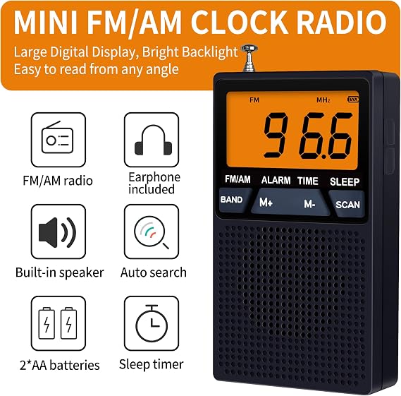 AM FM Pocket Radio,Mini Portable Radio, Battery Operated by 2 AA Batteries with Stereo Earphone, Large Digital Display, Time Display, Digtal Alarm Clock (Black)