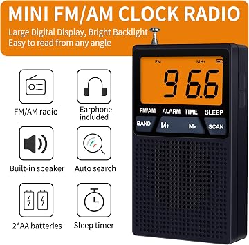 AM FM Pocket Radio,Mini Portable Radio, Battery Operated by 2 AA Batteries with Stereo Earphone, Large Digital Display, Time Display, Digtal Alarm Clock (Black)
