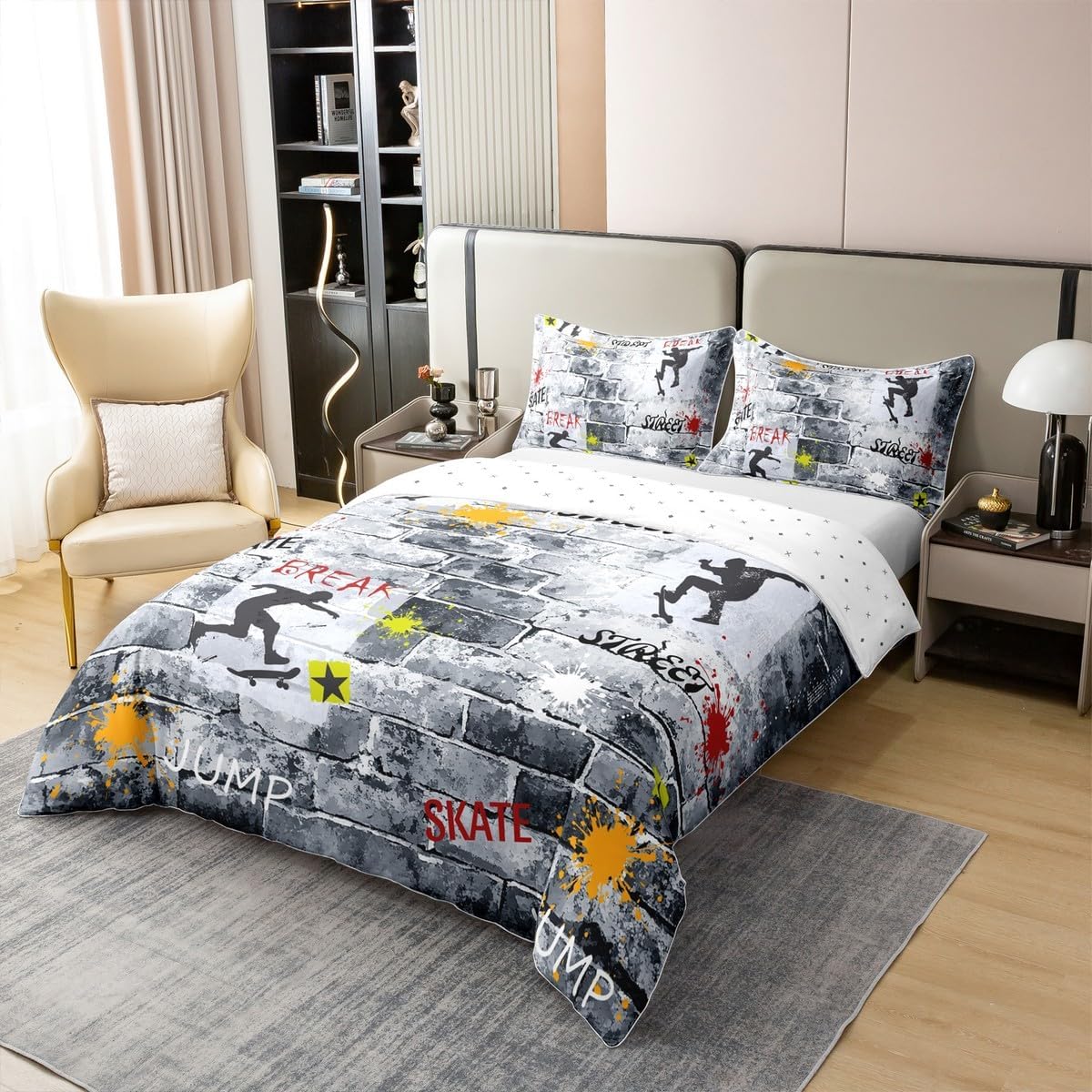 jejeloiu Skateboard 100% Cotton Duvet Cover Queen Size Kids Extreme Sports Theme Comforter Cover for Boys Girls Teens Hippie Skate Board Bedding Set Breathable Hipster Decor Bedroom Decor Bedclothes