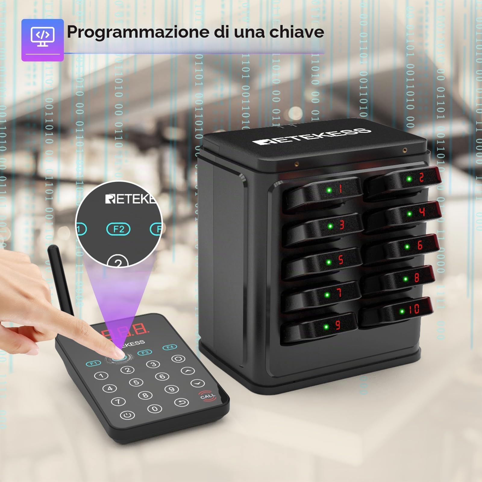 Retekess TD177 Cicalino Ristorante, Pager Ristorante, 10 Cercapersone | per Caffè, Food truck, Bar, 500M All'Aperto, Compatibile con il PC, Allarmi Fuori Gamma, Funzione Conto Alla Rovescia