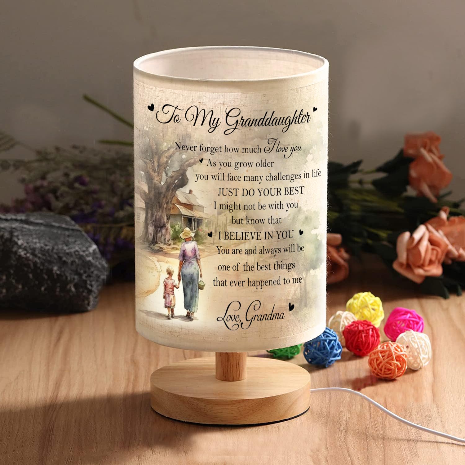Tischlampe Für Oma – Personalisiert Mit Enkel-Spruch, Stoffschirm, USB, Geschenk Zum Geburtstag