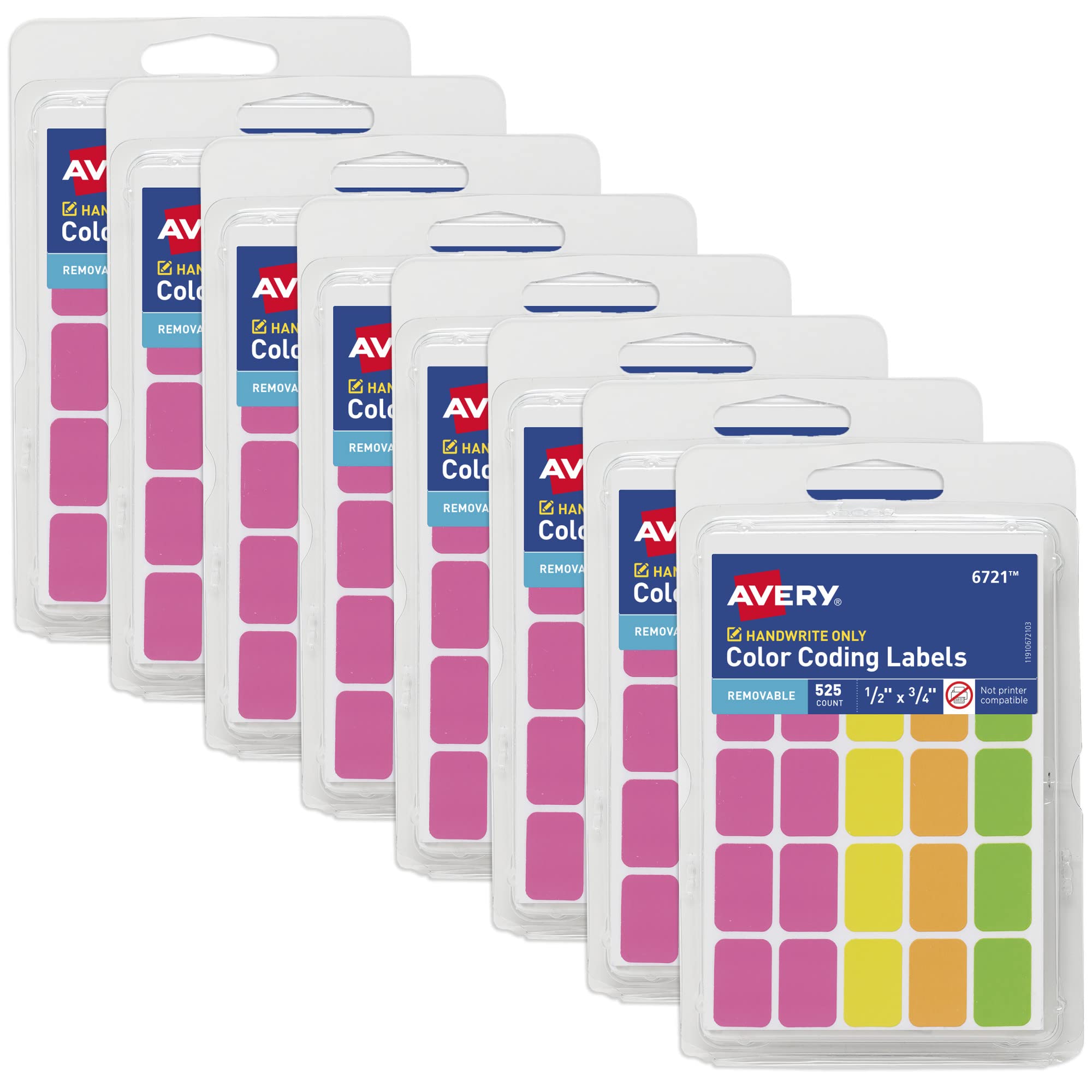 Avery Color-Coding Removable Labels, 1/2" x 3/4", Assorted Neon Colors, Non-Printable, 8 Packs, 4,200 Blank Labels Total (21928)