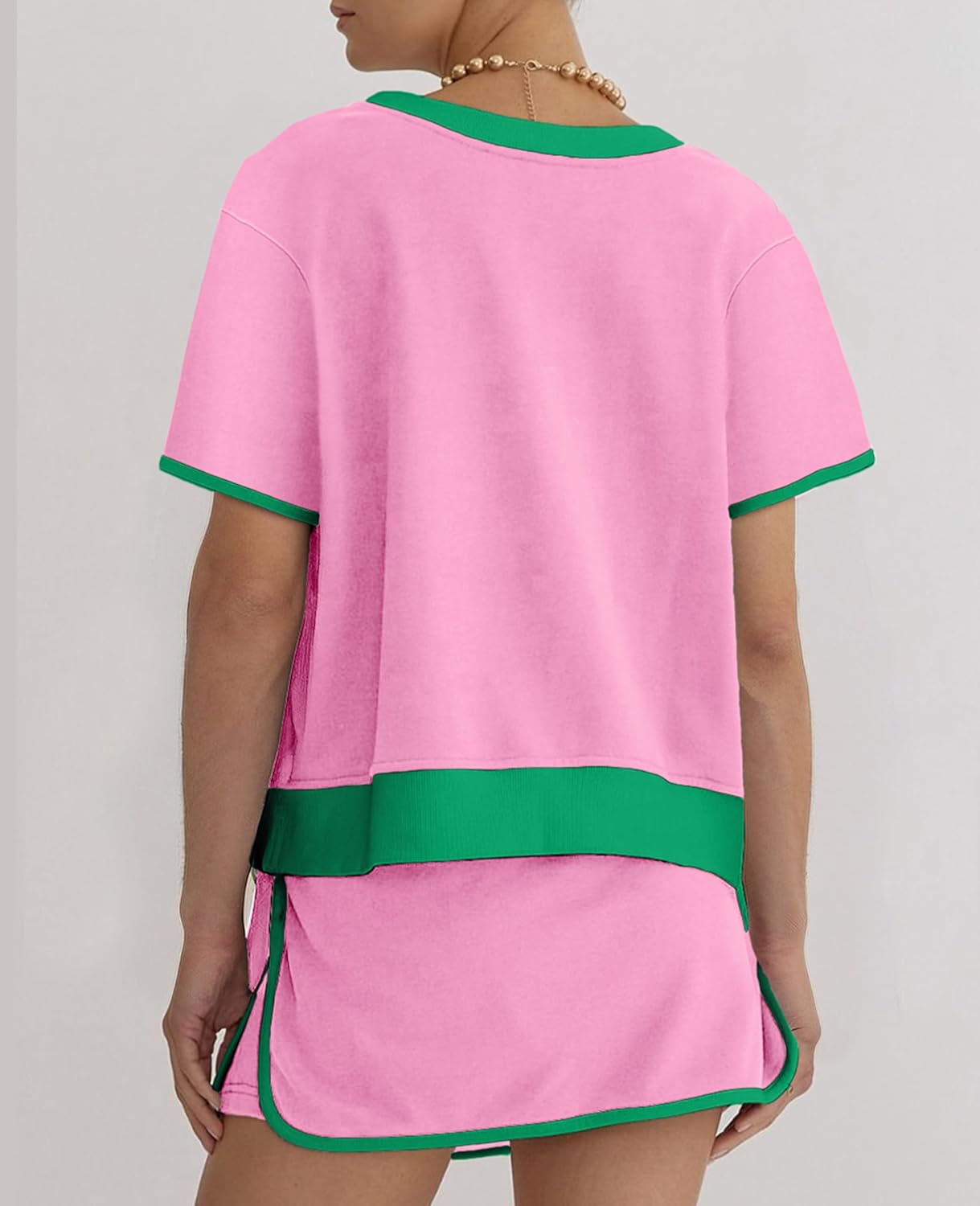 SELINK Lounge Sets for Women 2 Piece Skirt Colorblock Drop Shoulder T Shirt and Skort Set Summer Tracksuits - Image 2