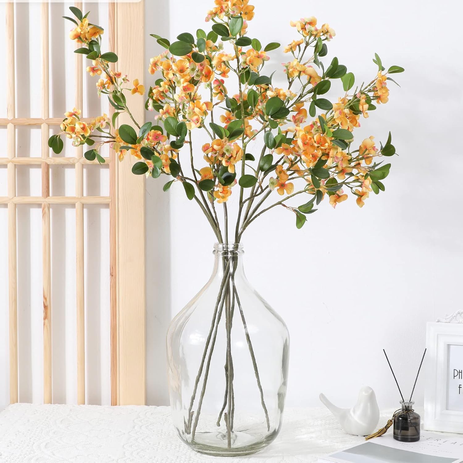 Firlar 6pcs Artificial Cherry Blossom Branches, 32 Inch Faux Silk Begonia Cherry Blossom Tree Tall Stems Fake Plum Peach Bouquet, Simulation Flowers Vase Arrangement for Wedding Home Decor, Orange