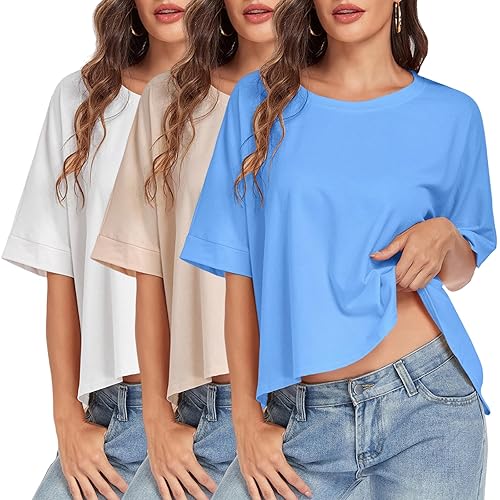 HOUZONIY Womens Oversized T-Shirts Short Sleeve Loose Crewneck Solid Baggy