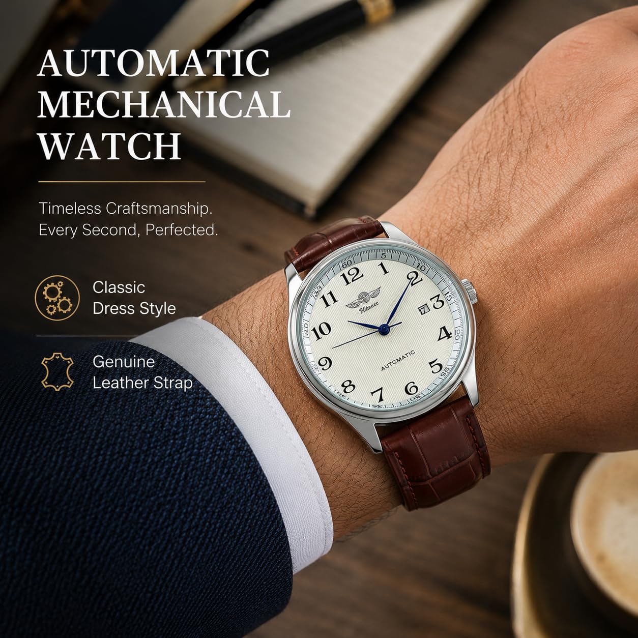MASTOP Men's Classic Automatic Mechanical Day Calendar Luxury Leather Band Watch
