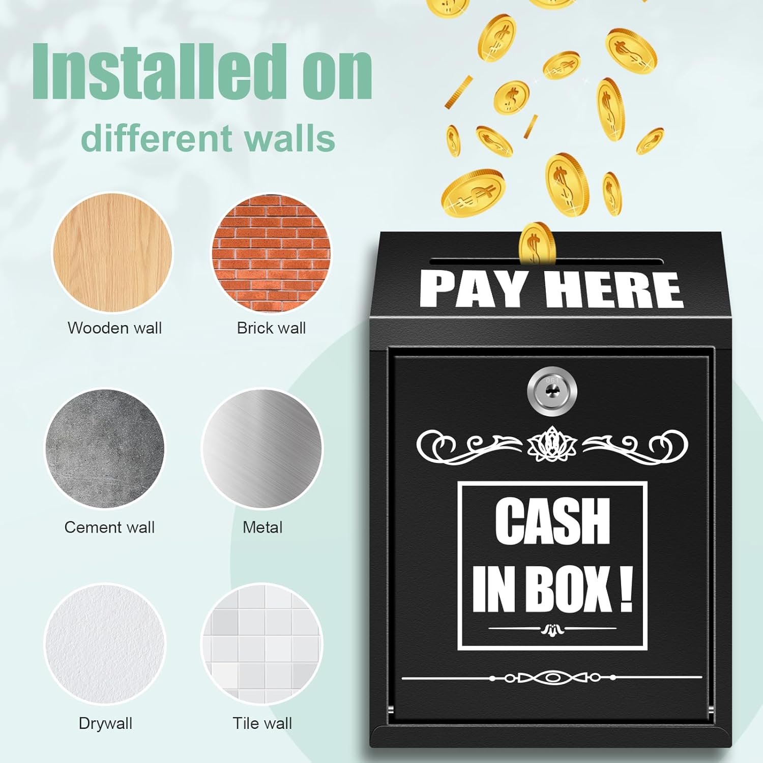 Wall Mounted Cash Box with Key Lock and Slot, Secure Money Collection Box with Prints, Metal Donation Box for Home, Office, Outdoor, Business, Farm Stand, Self-Serve Kiosk