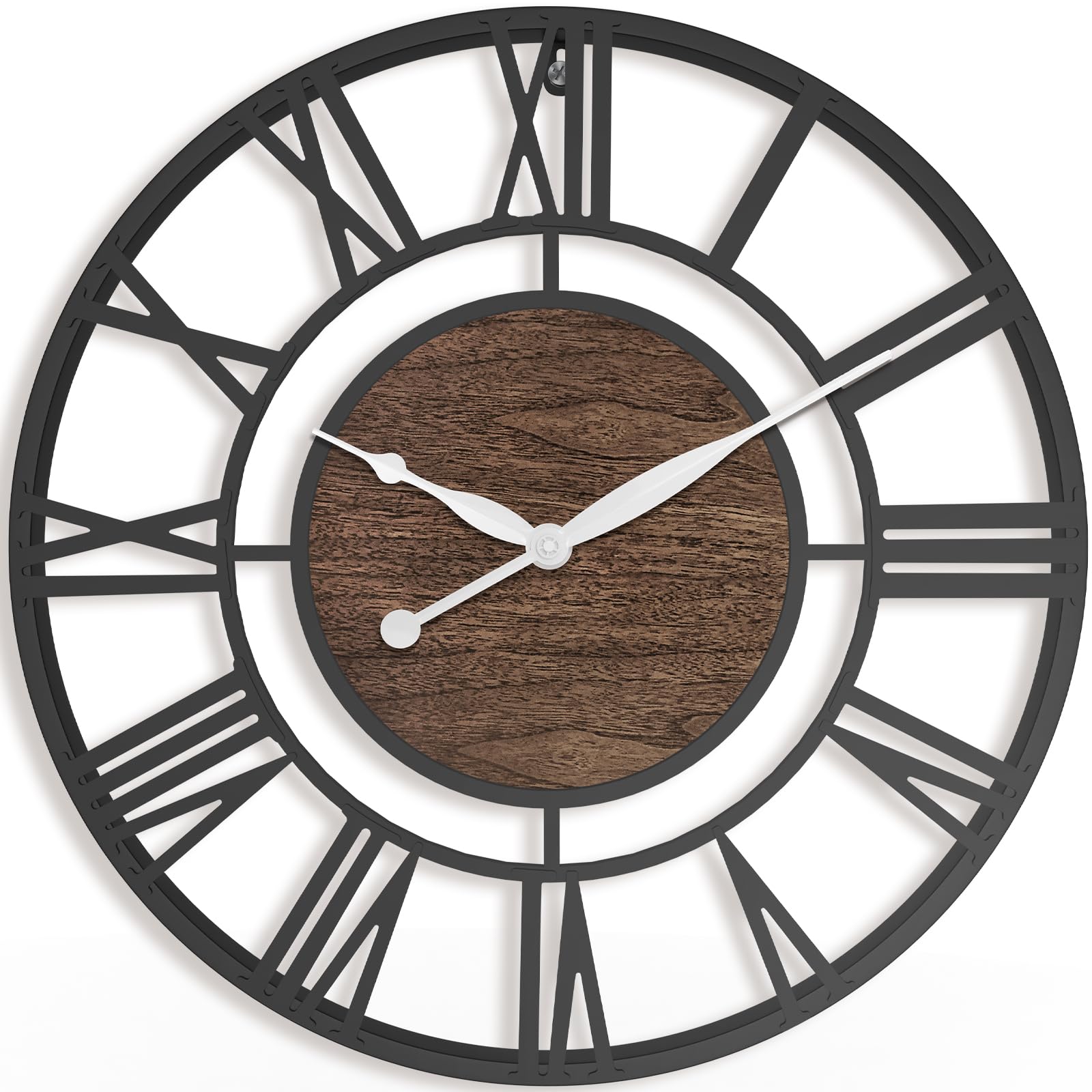 Pytha Sight Large Wall Clock for Living Room,75cm Black Skeleton Modern Big Silent Vintage Walnut Wood Roman Numerals Wall Clocks for Kitchen,Bedroom, Office, Fireplace, Classroom Home Decor