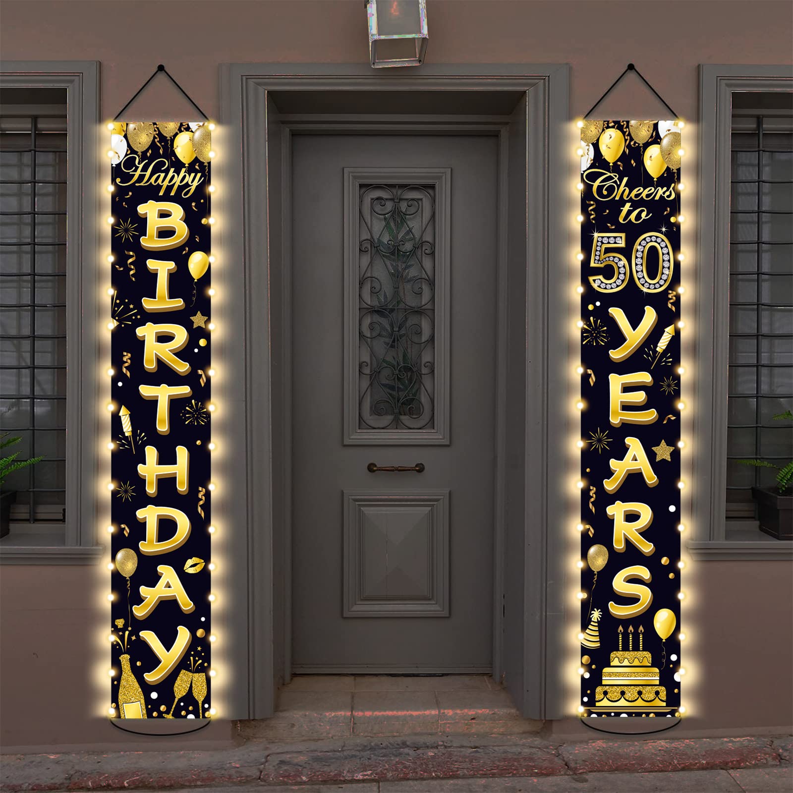 50th Birthday Party Banner Lighted Decorations for Women Men 50 Year Old Lighted Door Banners Black Gold Cheers to 50 Years Birthday Party Supplies