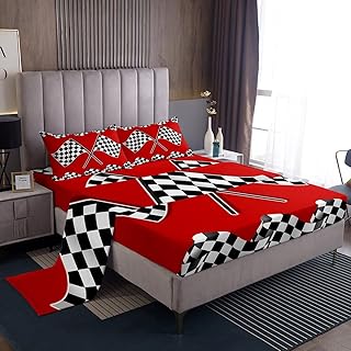 Racing Car Flag Bed Sheet Set Twin Size,Kids Race Car Extreme Sports Themed Sheet Set Room Decor,Black White Checkered Plaid Bedding Set for Boys Teens,(1 Fitted+1 Flat+1 Pillowcase)