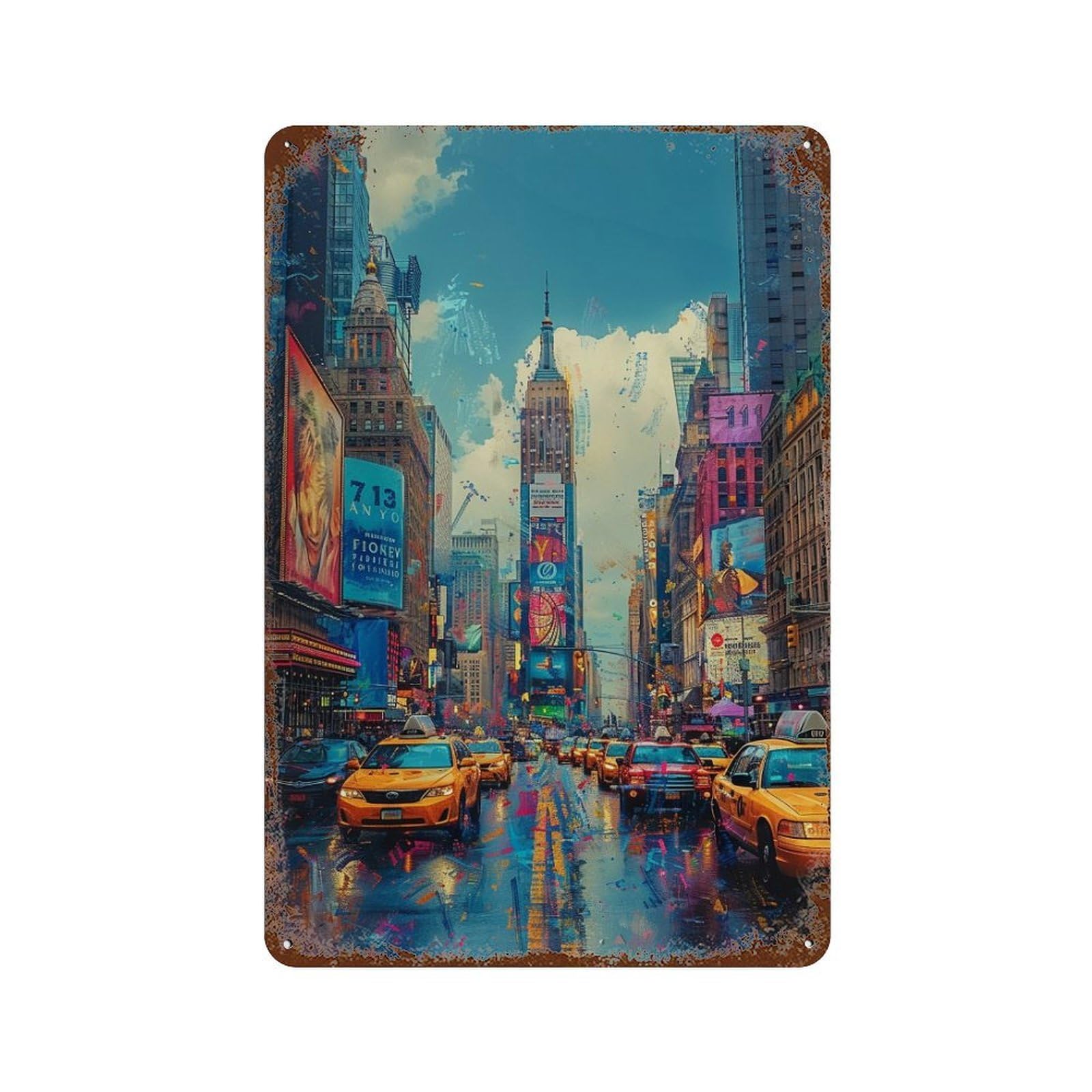 Rainy Cityscape with Taxi Cabs Rust Effect Tin Sign 11.8"x7.9", Rustic Home Decor for Garage, Pub Or Kitchen